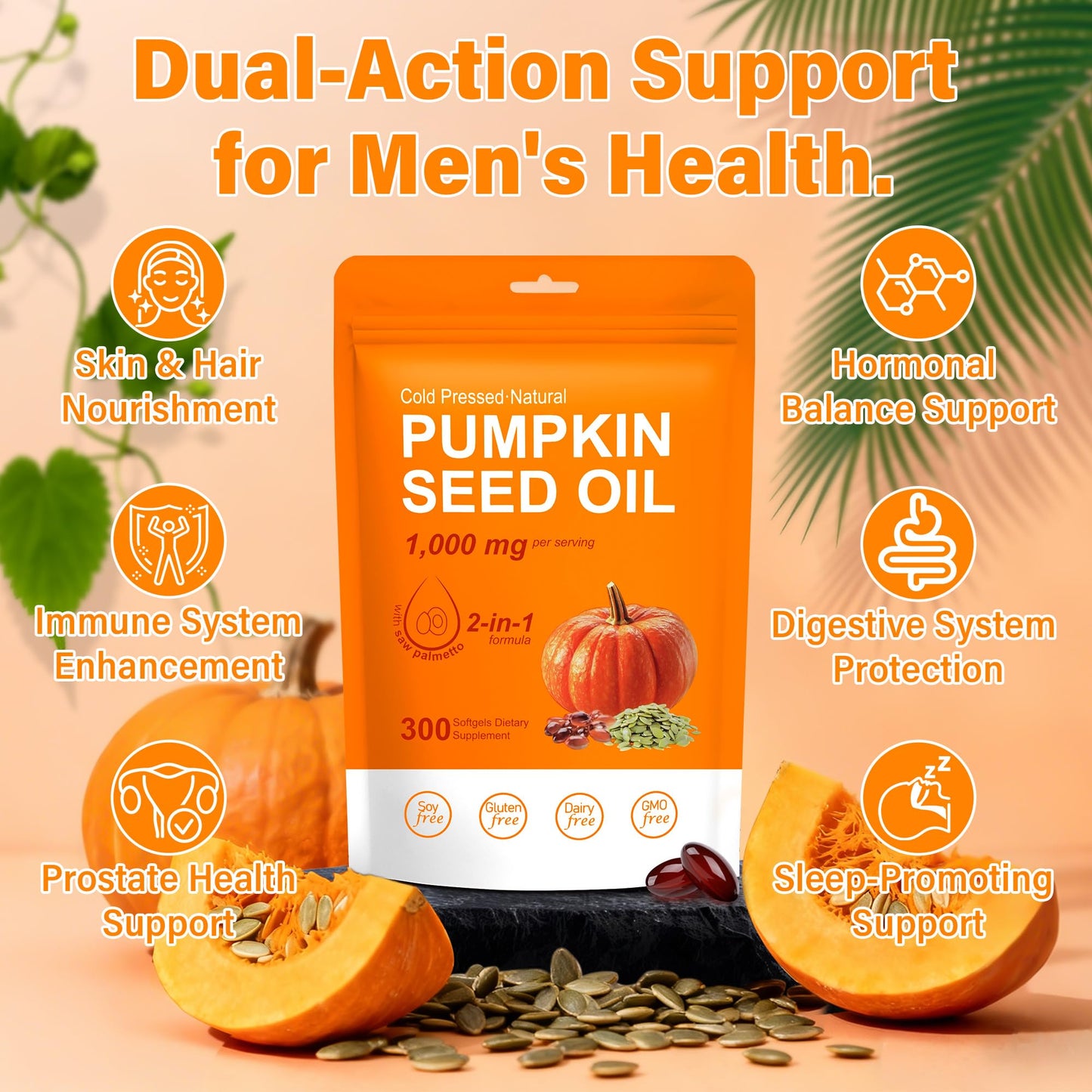 Crobirware Cold Pressed Pumpkin Seed Oil & Saw Palmetto Softgels (1000mg), 300 Softgels