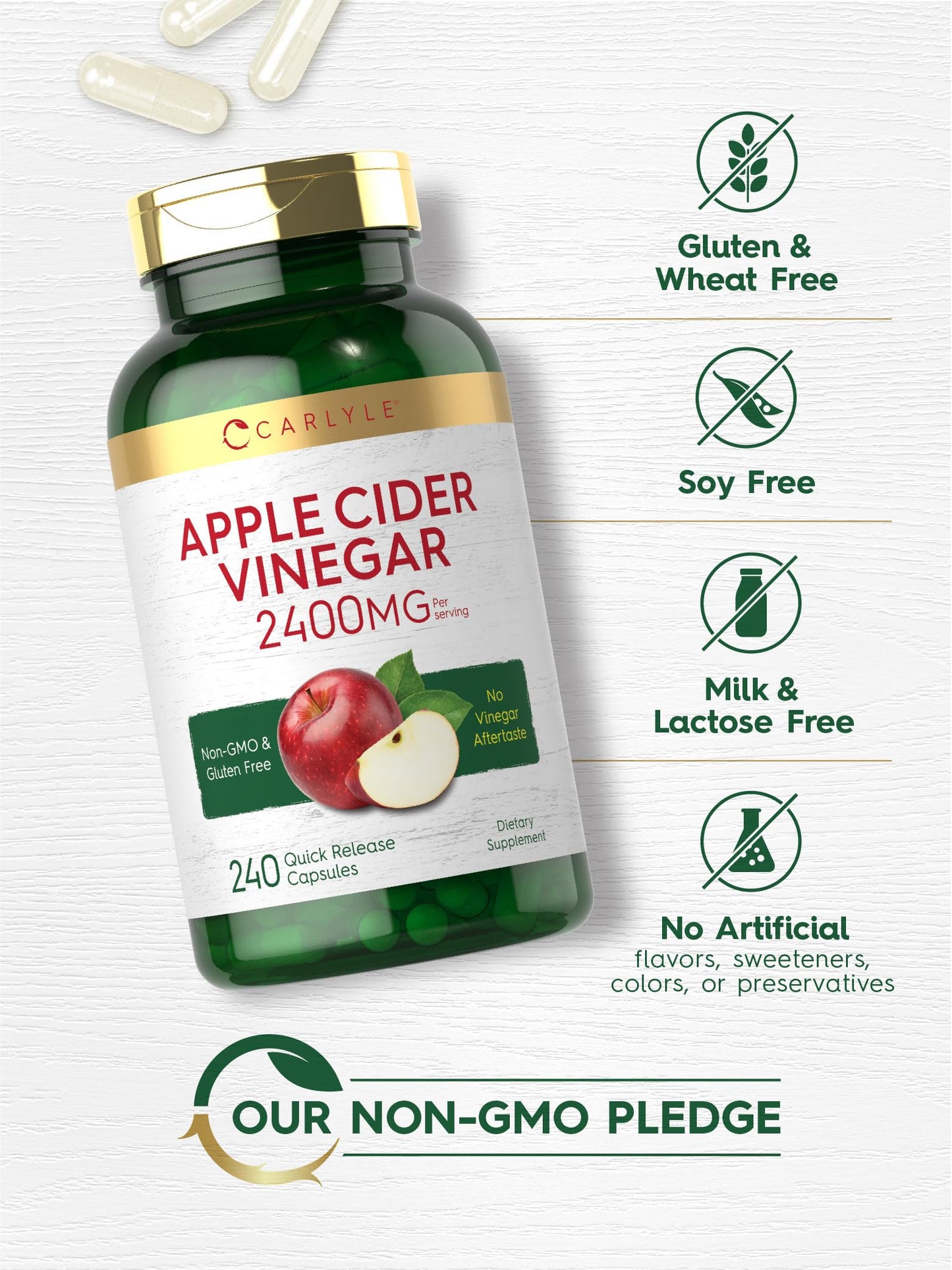 Carlyle Apple Cider Vinegar Capsules (2400mg), 240 Count, Non-GMO, Gluten Free