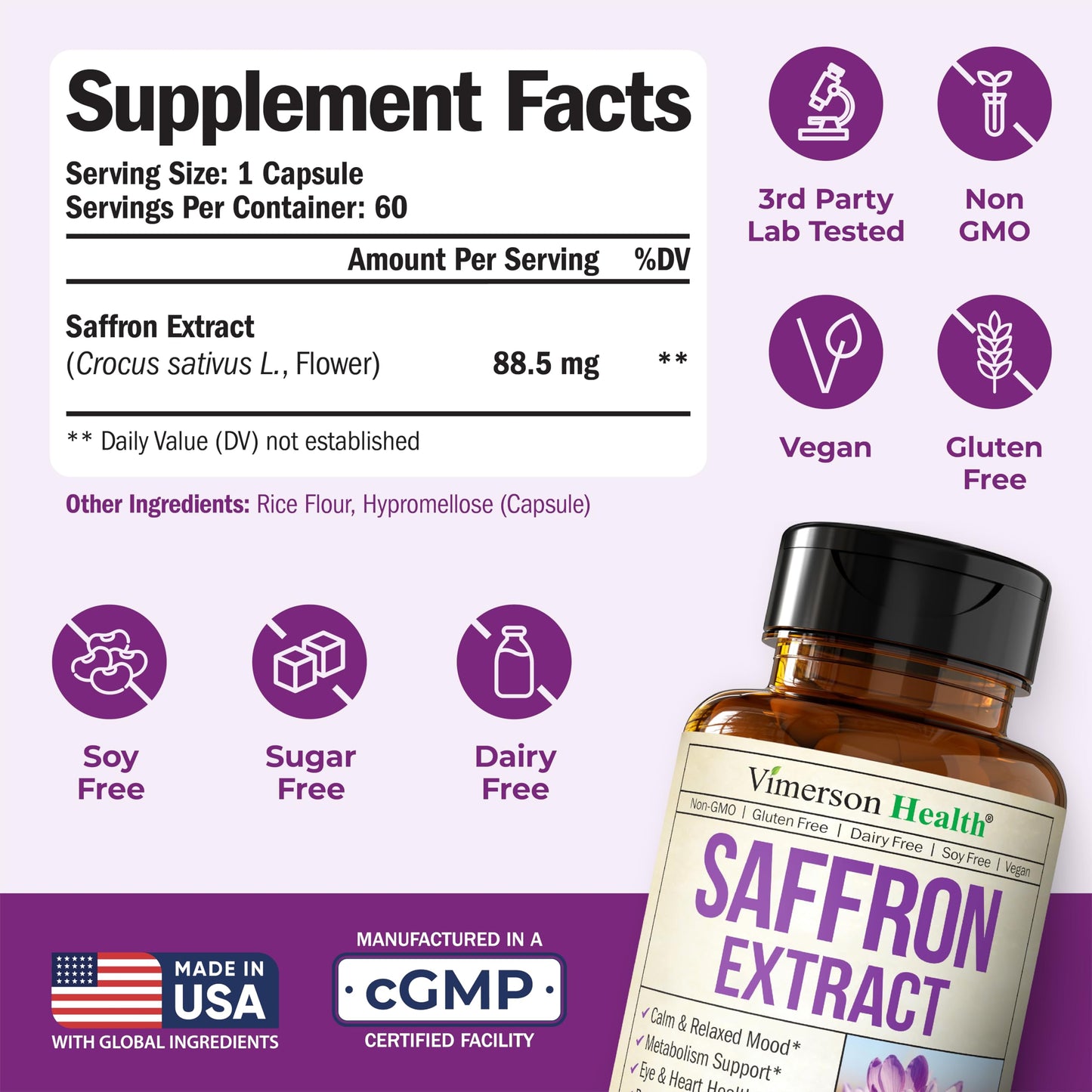 Vimerson Health Pure Saffron Supplements for Women & Men with 88.5mg Saffron Extract – Mood Support & Eye Health, Capsule, 60 Count