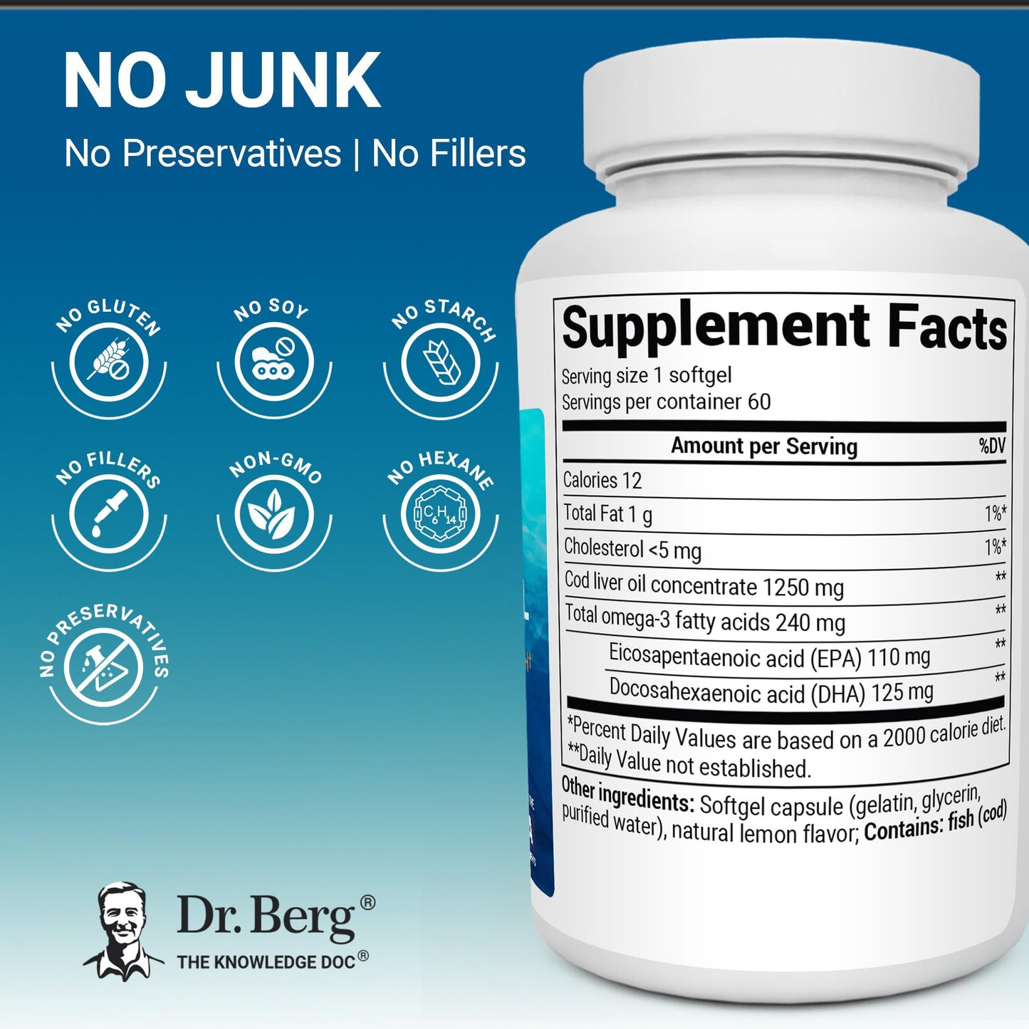 Dr. Berg Nutritionals Omega-3 Cod Liver Fish Oil Softgels 60