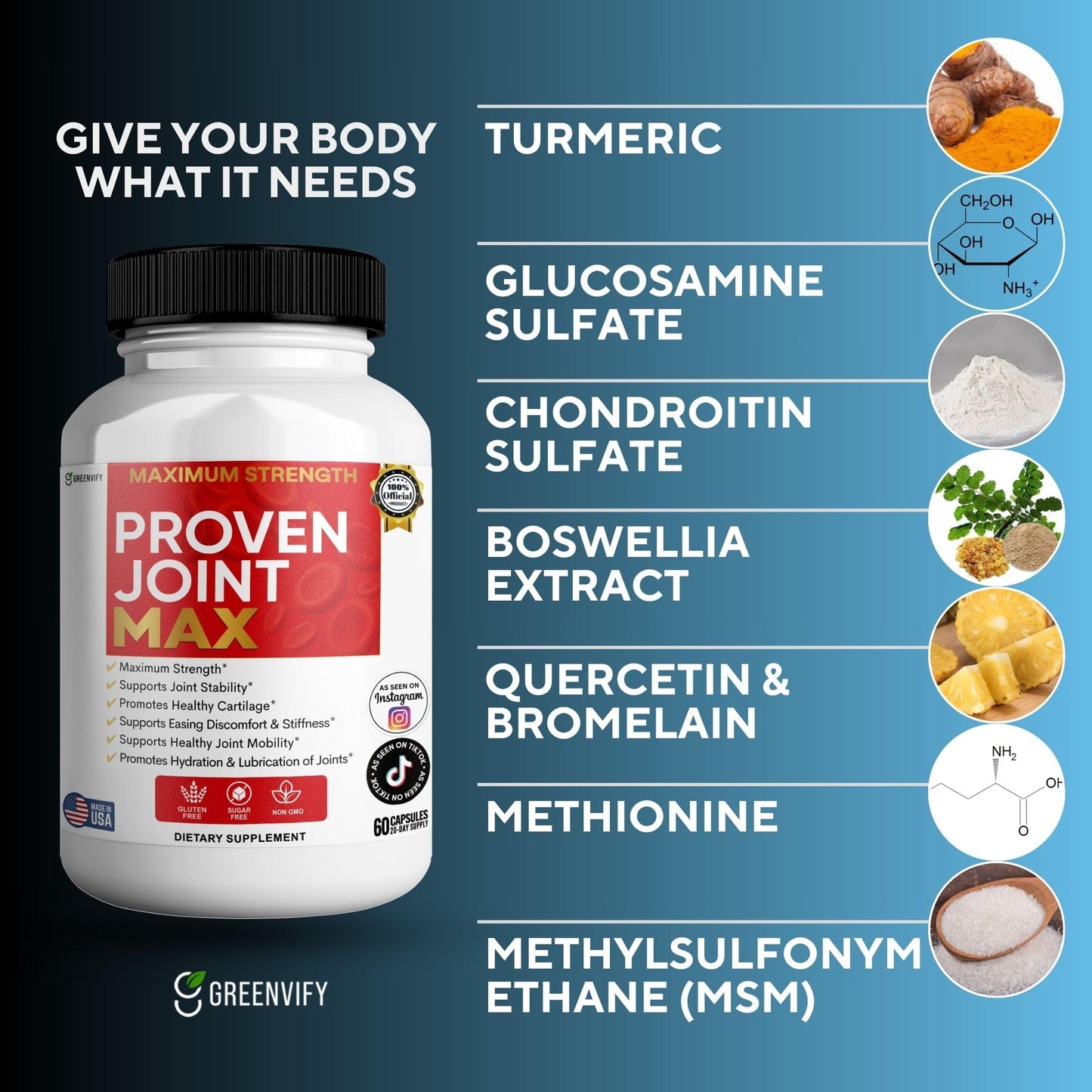 GREENVIFY Maximum Strength Joint Max Glucosamine Chondroitin Complex for Mobility Capsules, 60 Capsules