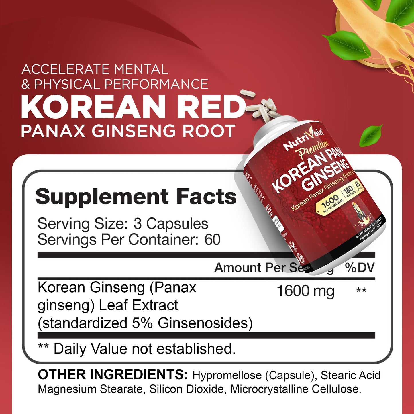 Nutrivein Korean Red Panax Ginseng 1600 mg Capsules, 120 Count