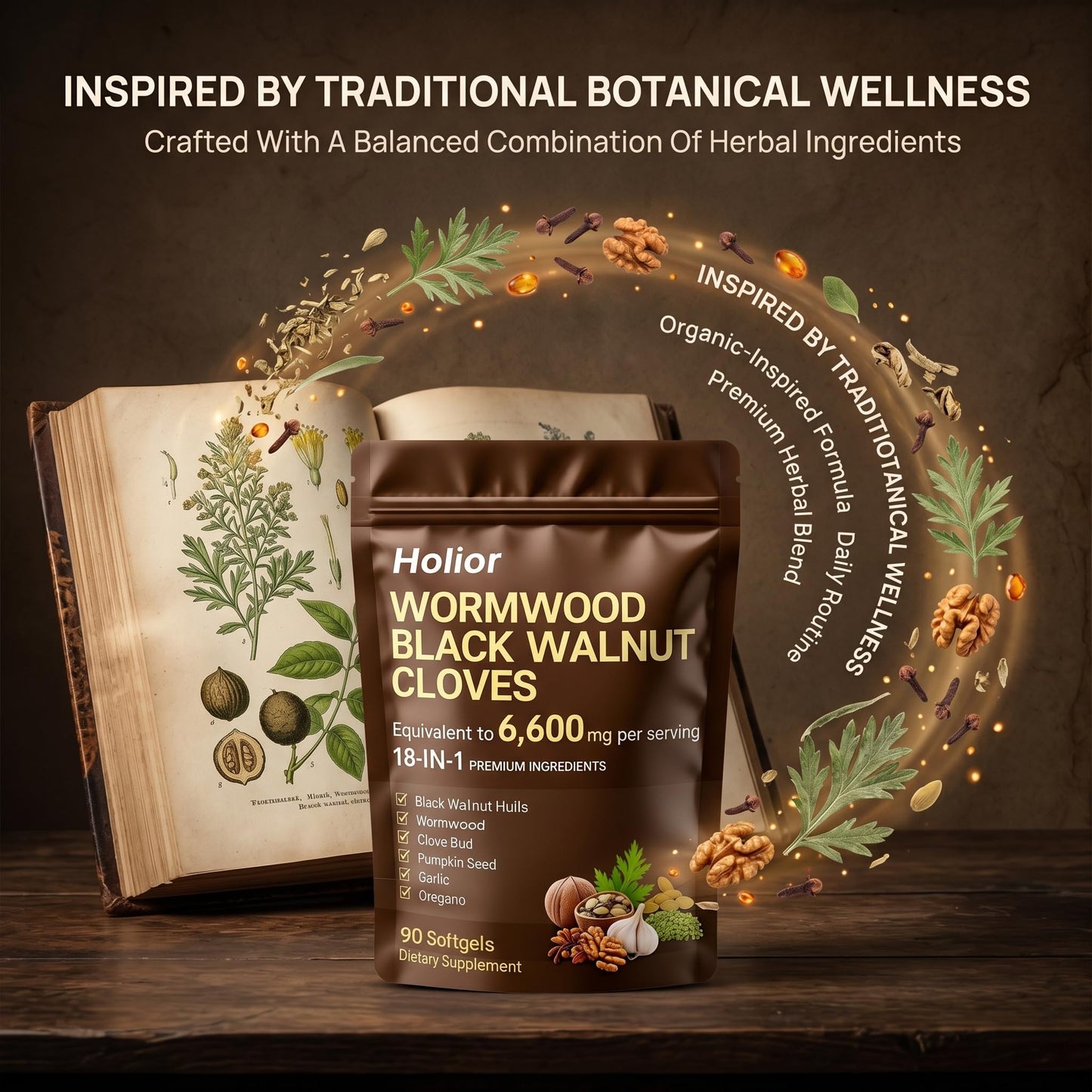 HOLIOR 18-in-1 Black Walnut Wormwood Herbal Wellness Blend with Clove, Garlic, Turmeric, Pumpkin Seed, Oregano, Berberine & More Daily Digestive & Gut Balance Support Supplement 90 Softgels