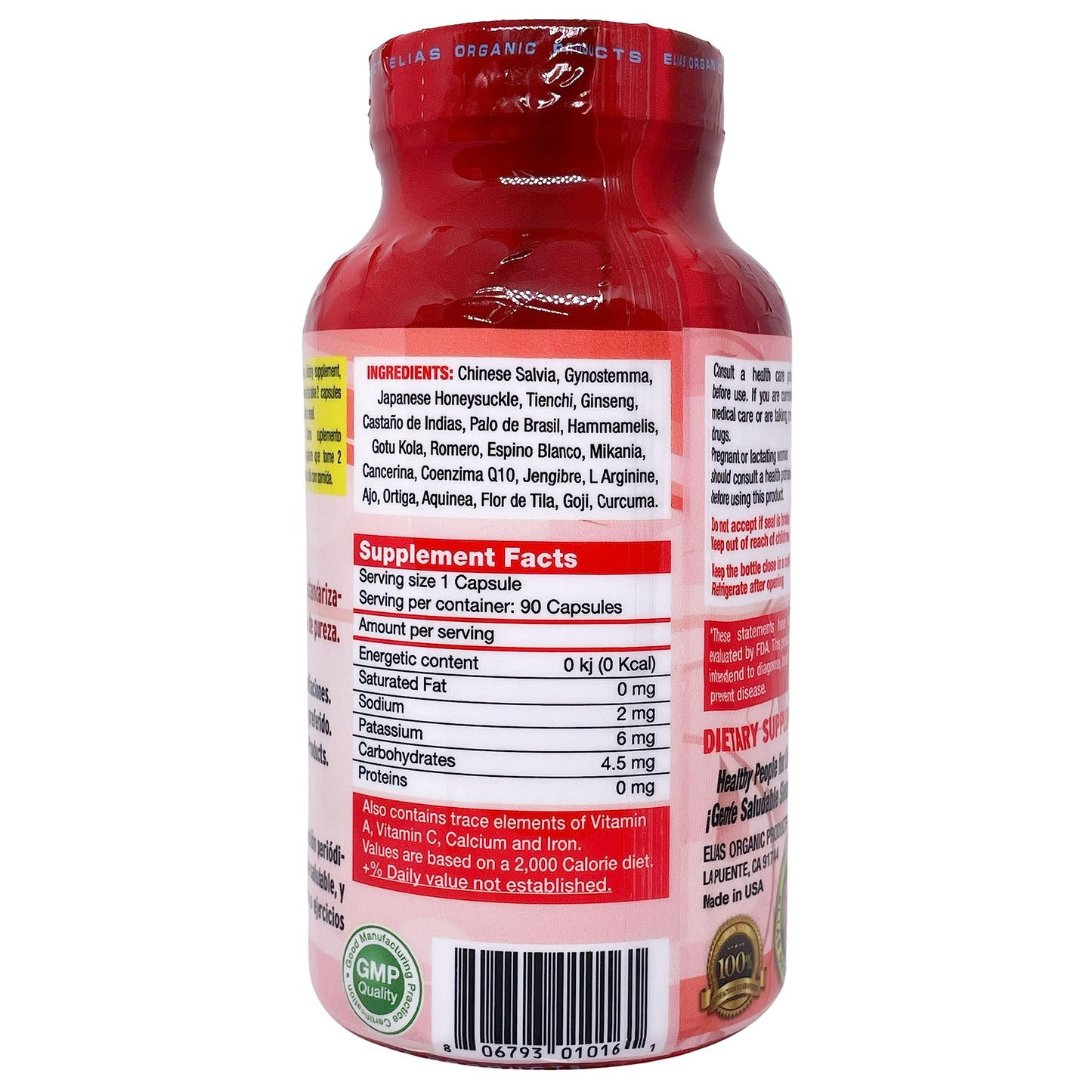 Elias Organic Products Presion Alta Chinese Salvia Gynostemma AJO Castno de Indias Capsule 90 Count