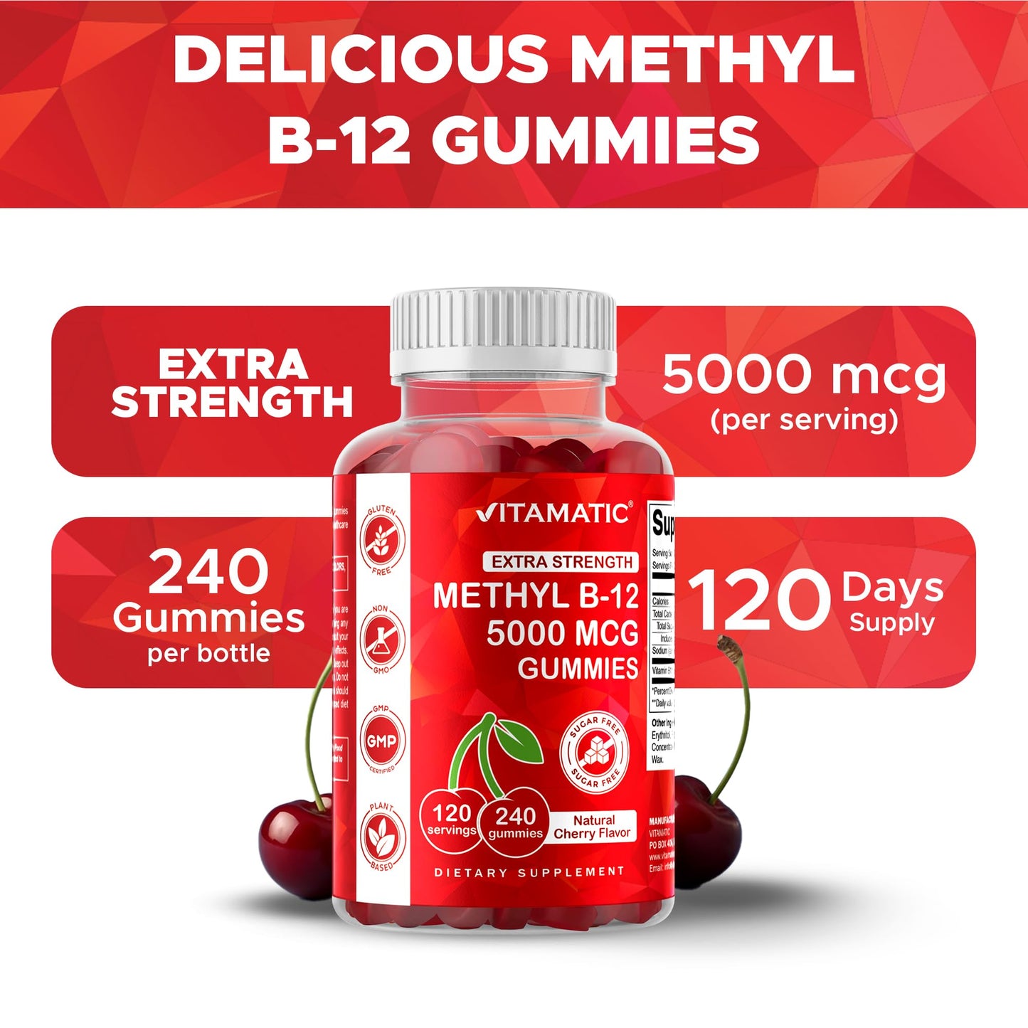 Vitamatic Extra Strength Vitamin B12 5000 mcg (Methyl B12) Gummies - 240 Count