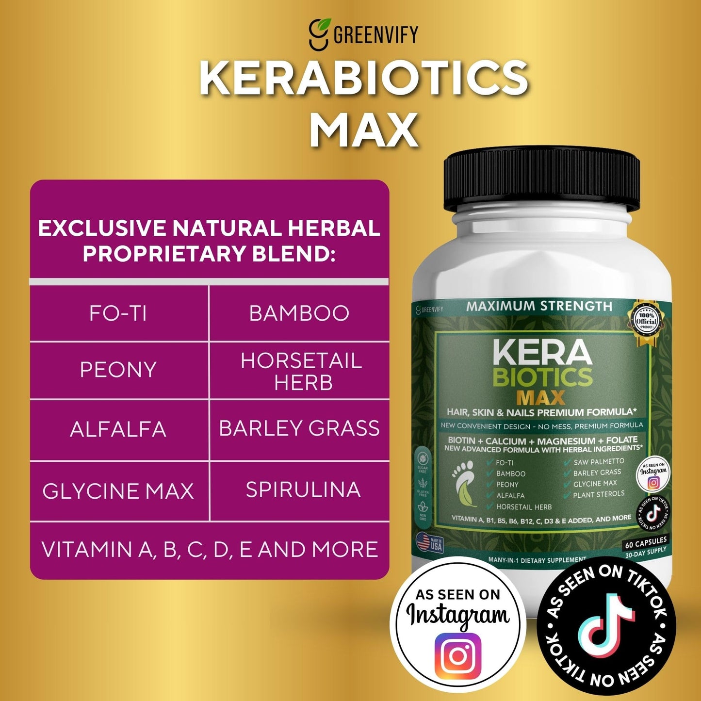 GREENVIFY Kerabiotics Max Hair, Skin & Nails Premium Formula, 60 Capsules
