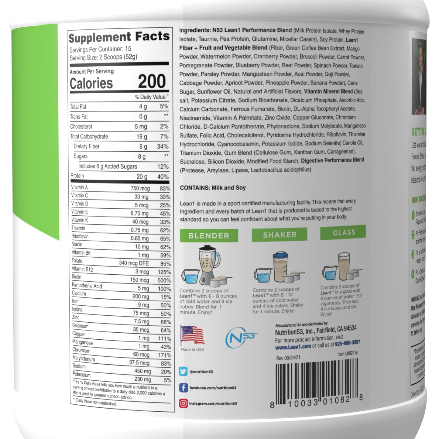 LEAN1 Lean 1 Fat Burning Protein Shake Vanilla Flavor Powder 27.5 Ounce
