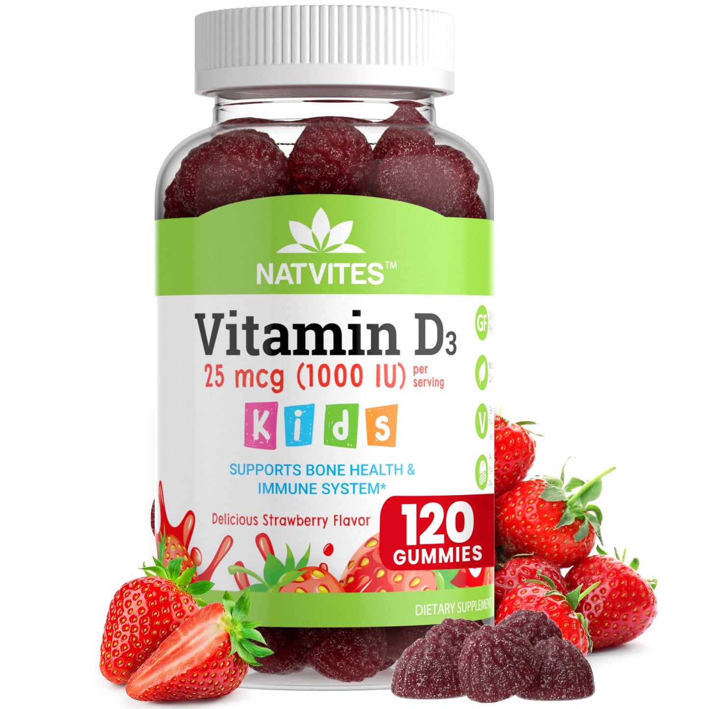 Natvites Vitamin D3 Gummies for Kids - 1000 IU - Pectin Gummy - Strawberry Flavored - 120 Count