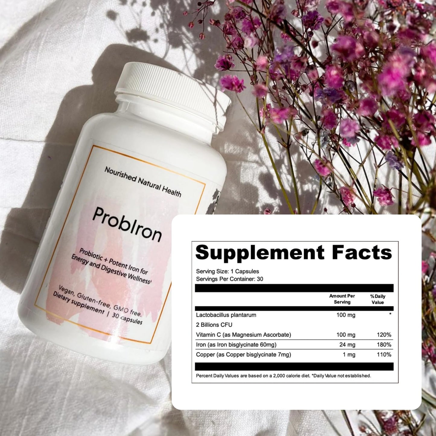 Nourished Natural Health ProbIron Women's Probiotic + Iron Supplement Boosted with Vitamin C and Copper - Vegan Formula for Energy and Digestive Wellness, 30 Capsules