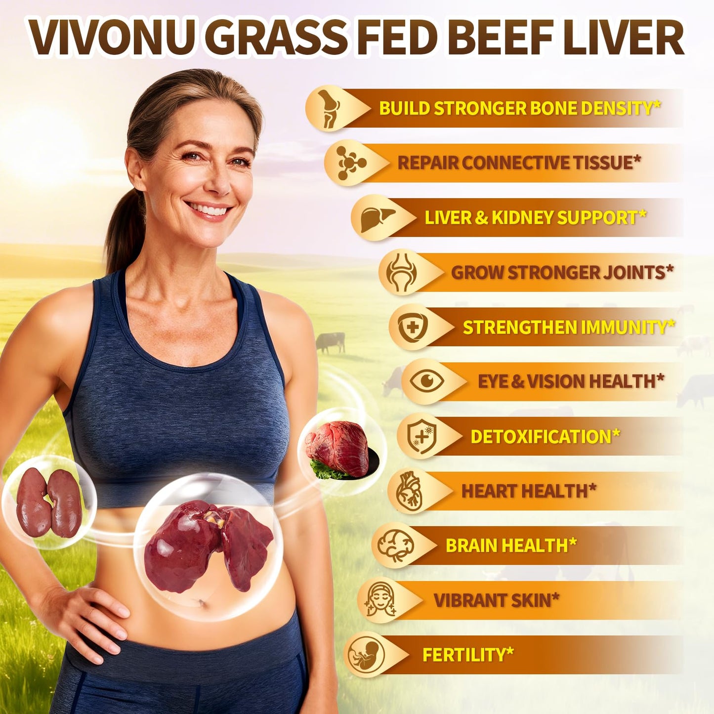 VivoNu Beef Organ Supplement for Women, 180 Capsules