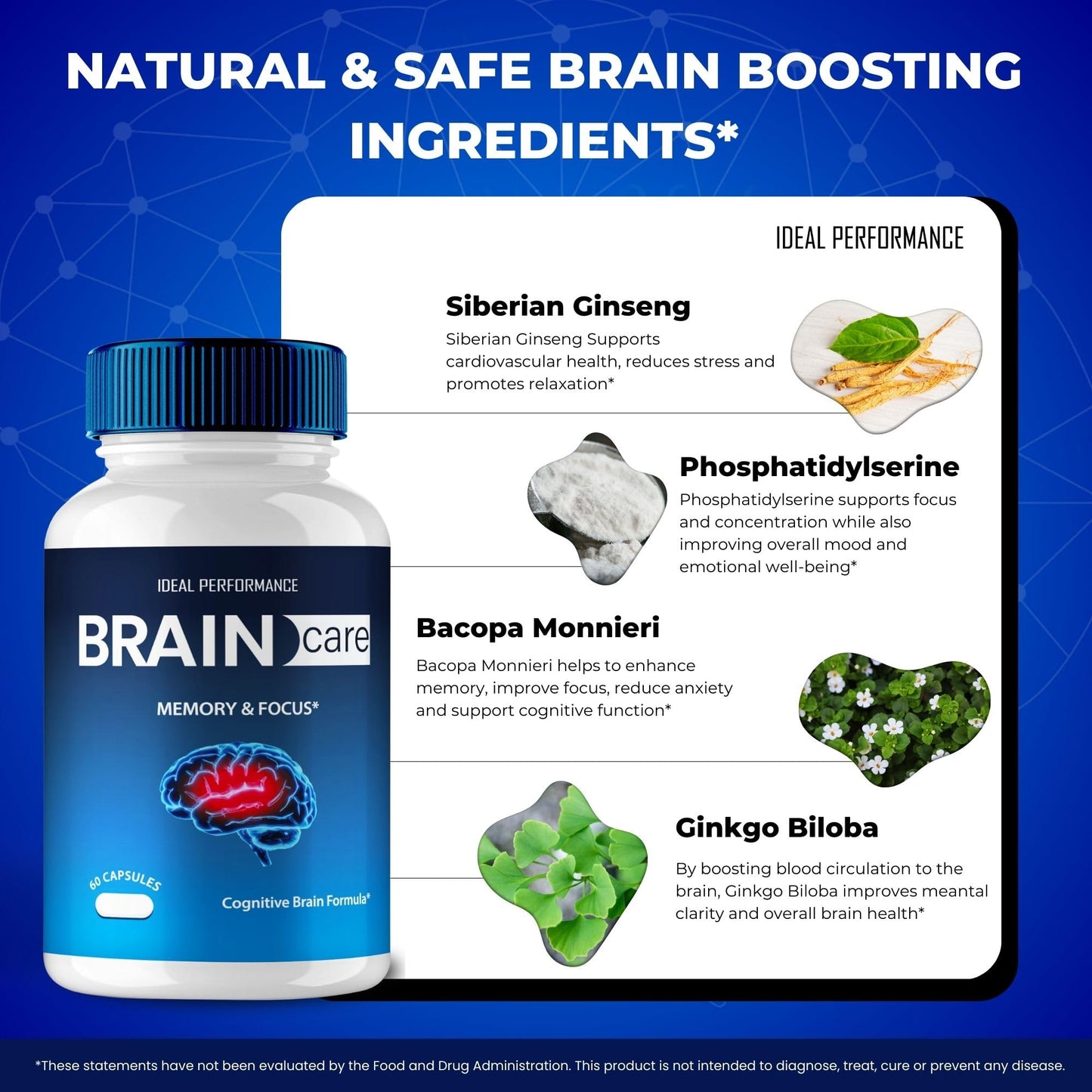 IDEAL PERFORMANCE Brain Care Advanced Formula Nerve Health Support Nootropics Capsules, 300 Count