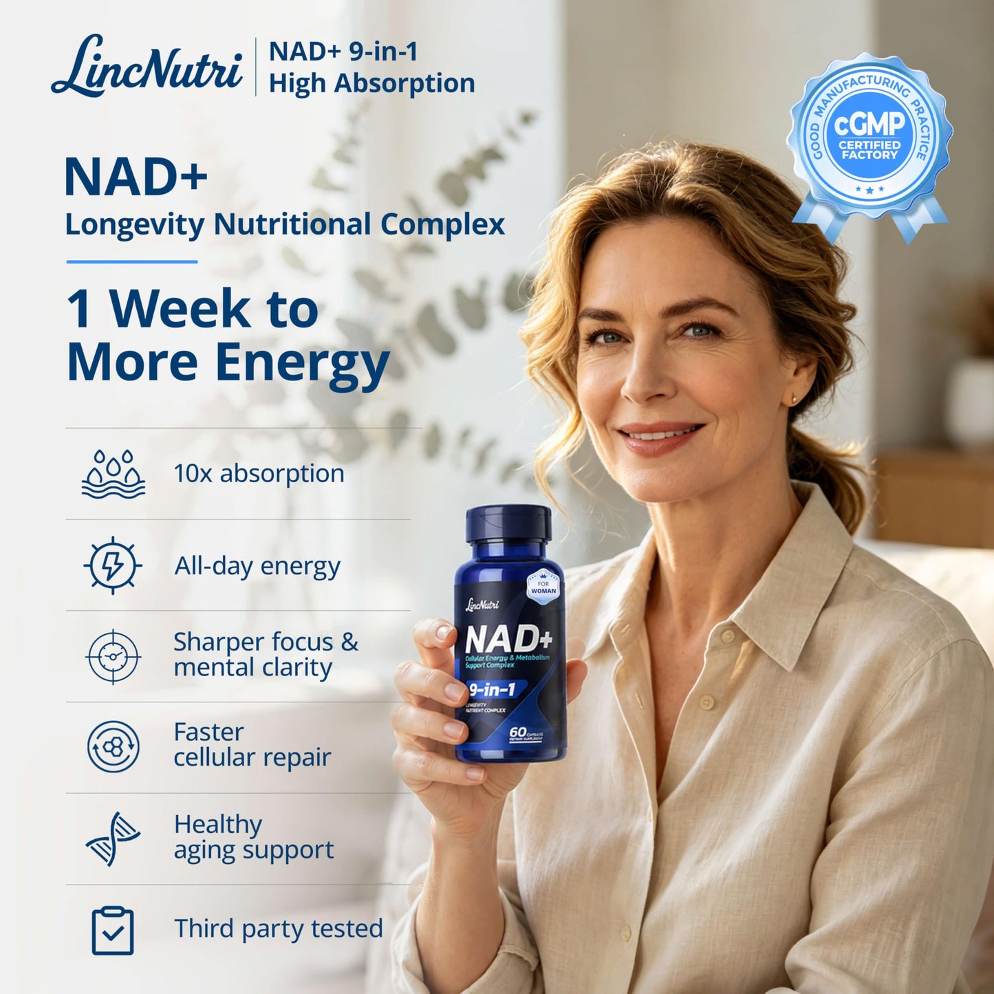 LincNutri NAD+ Supplement for Women NMN + NR Super Absorption Complex Capsules, 60 Capsules