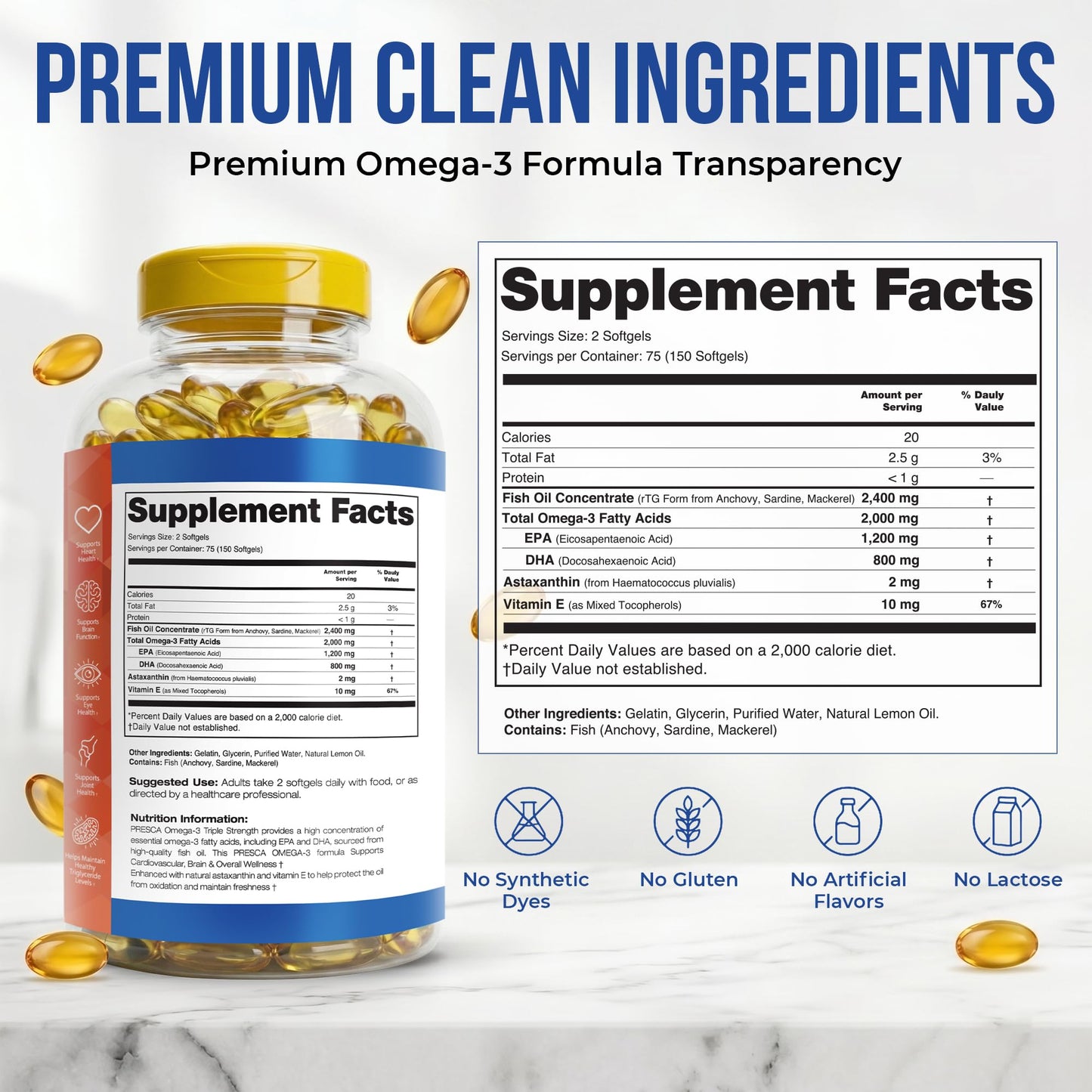 Presca Triple Strength Omega-3 Fish Oil Softgels, 150 Count
