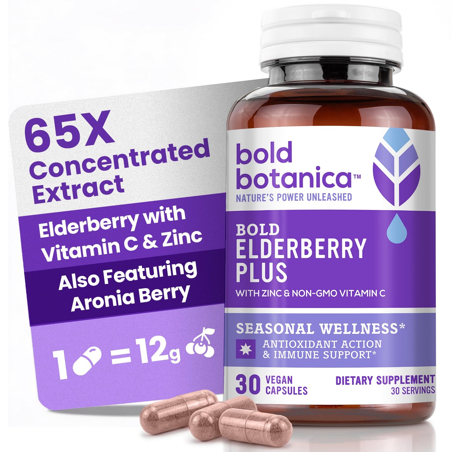 Bold Botanica Elderberry Plus 65x Concentrated Black Elderberry with Vitamin C & Zinc for Adults, Non-GMO, 30 Vegan Capsules
