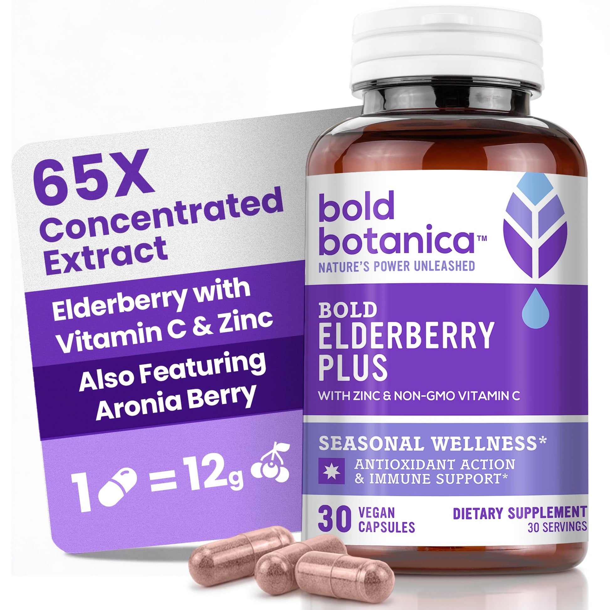Bold Botanica Elderberry Plus 65x Concentrated Black Elderberry with Vitamin C & Zinc for Adults, Non-GMO, 30 Vegan Capsules