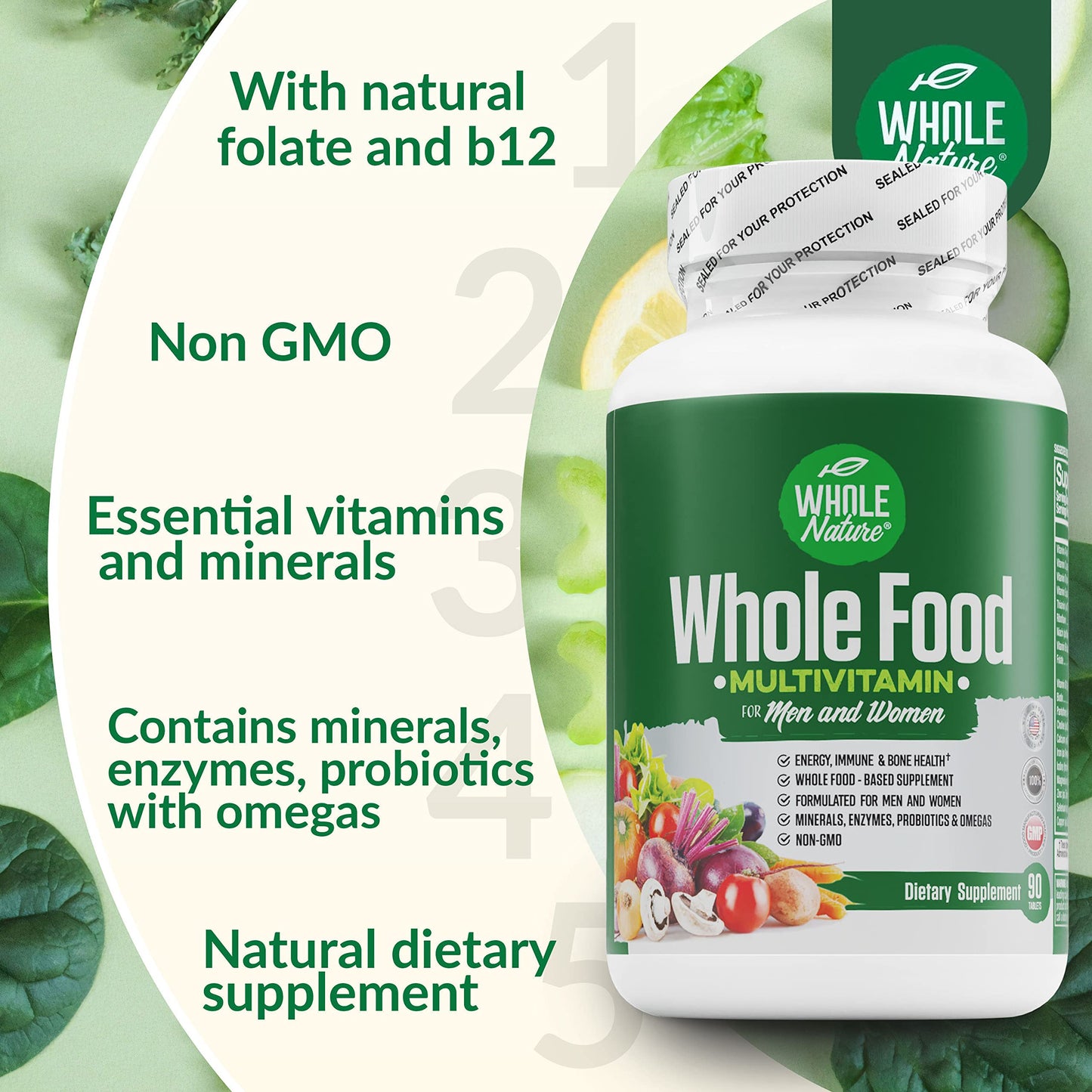 Whole Nature Whole Food Multivitamin for Men and Women Complete Daily Superfood Vitamins Plus Minerals Digestive Enzymes Probiotics and Omegas Plant Based Multi Vitamin Non-GMO 90 Capsules