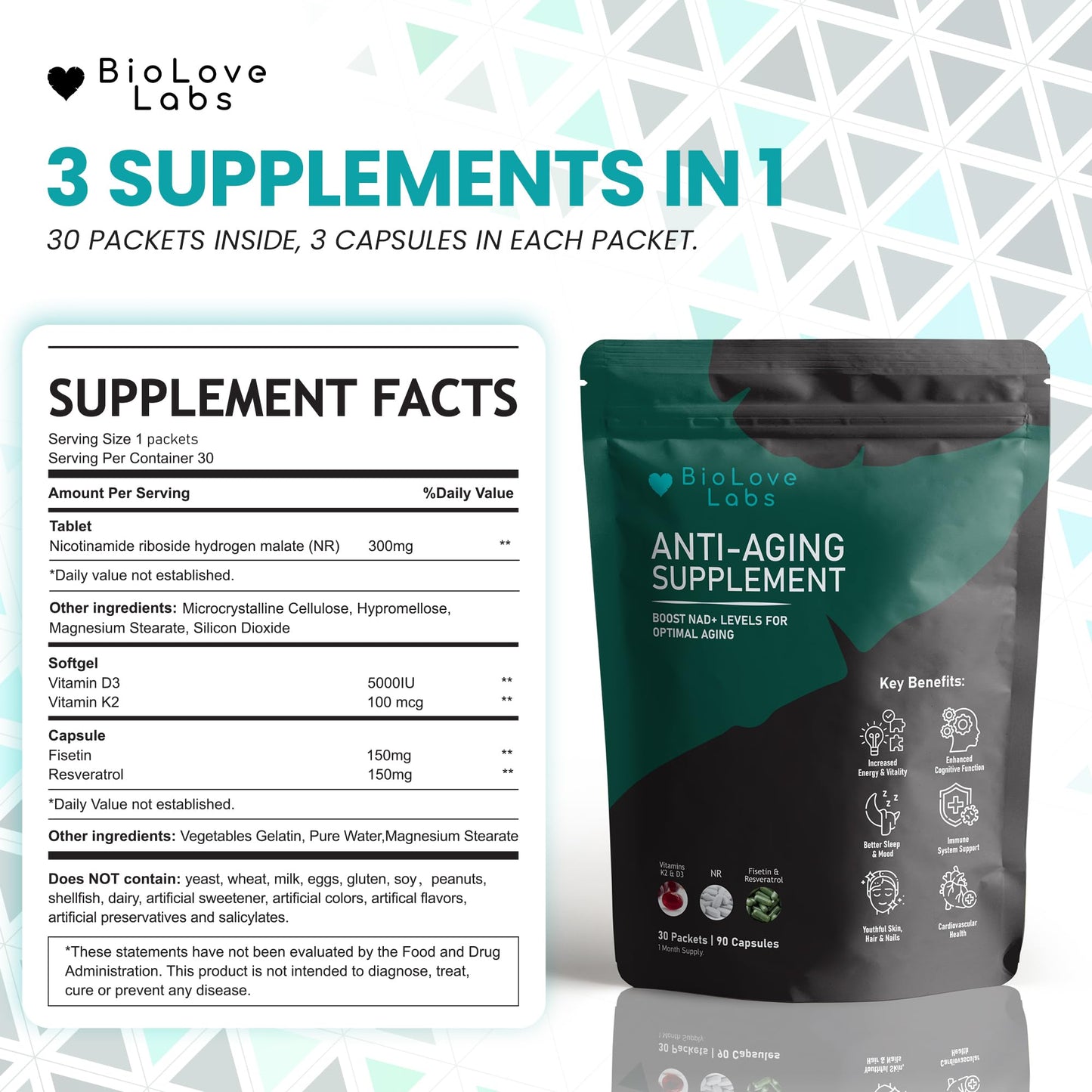 BioLove Labs NAD 3 in 1 Booster Capsules, 90 Count
