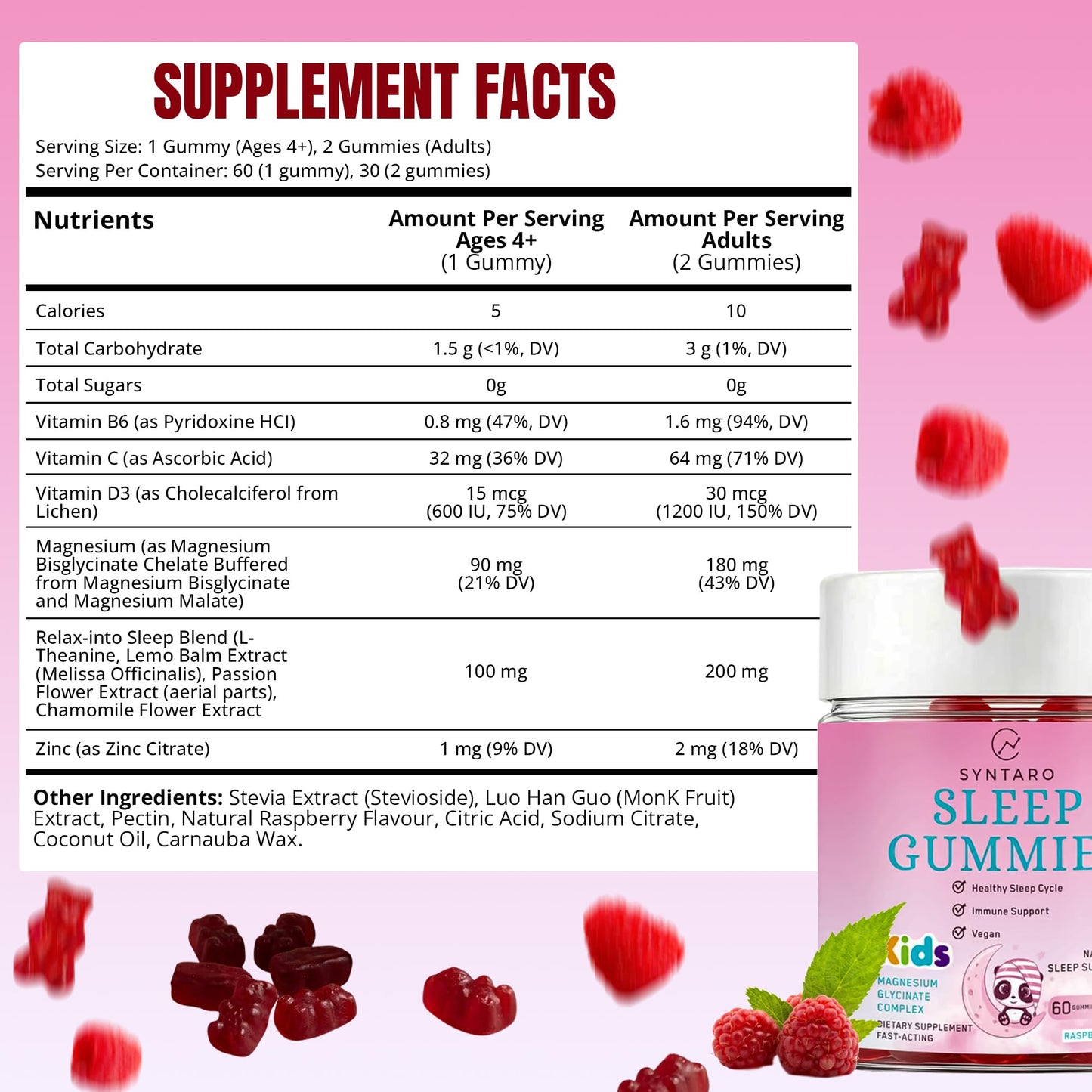 SYNTARO Sleep Gummies for Adults & Kids – Magnesium Glycinate Complex, Raspberry Flavor, Sleep Support & Immune Support, 60 Gummies