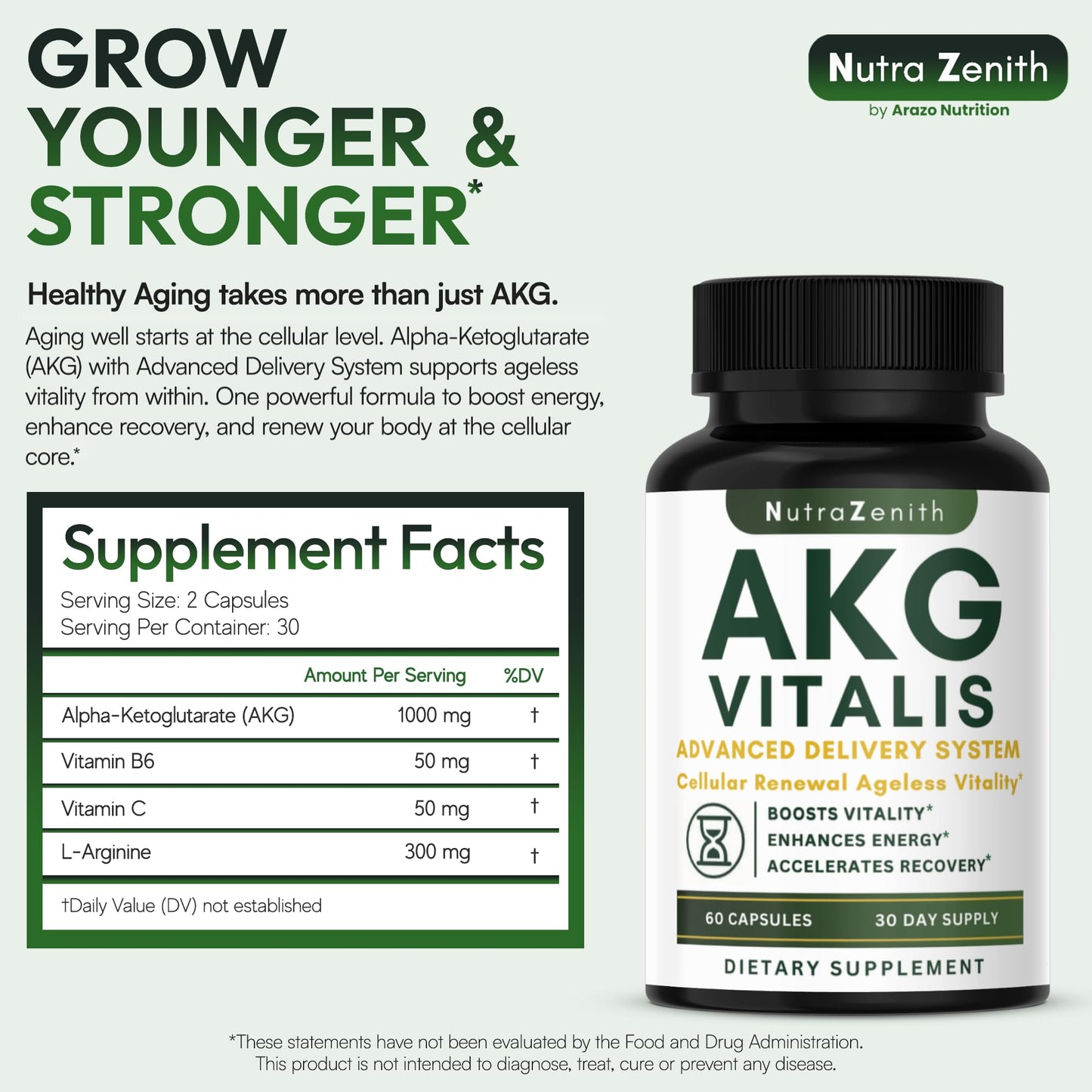 Arazo Nutrition AKG Anti-Aging & Energy Boost Supplement with Vitamin B6, Vitamin C & L-Arginine – Youthful Skin, Cellular Renewal & Vitality Support 60 Capsules