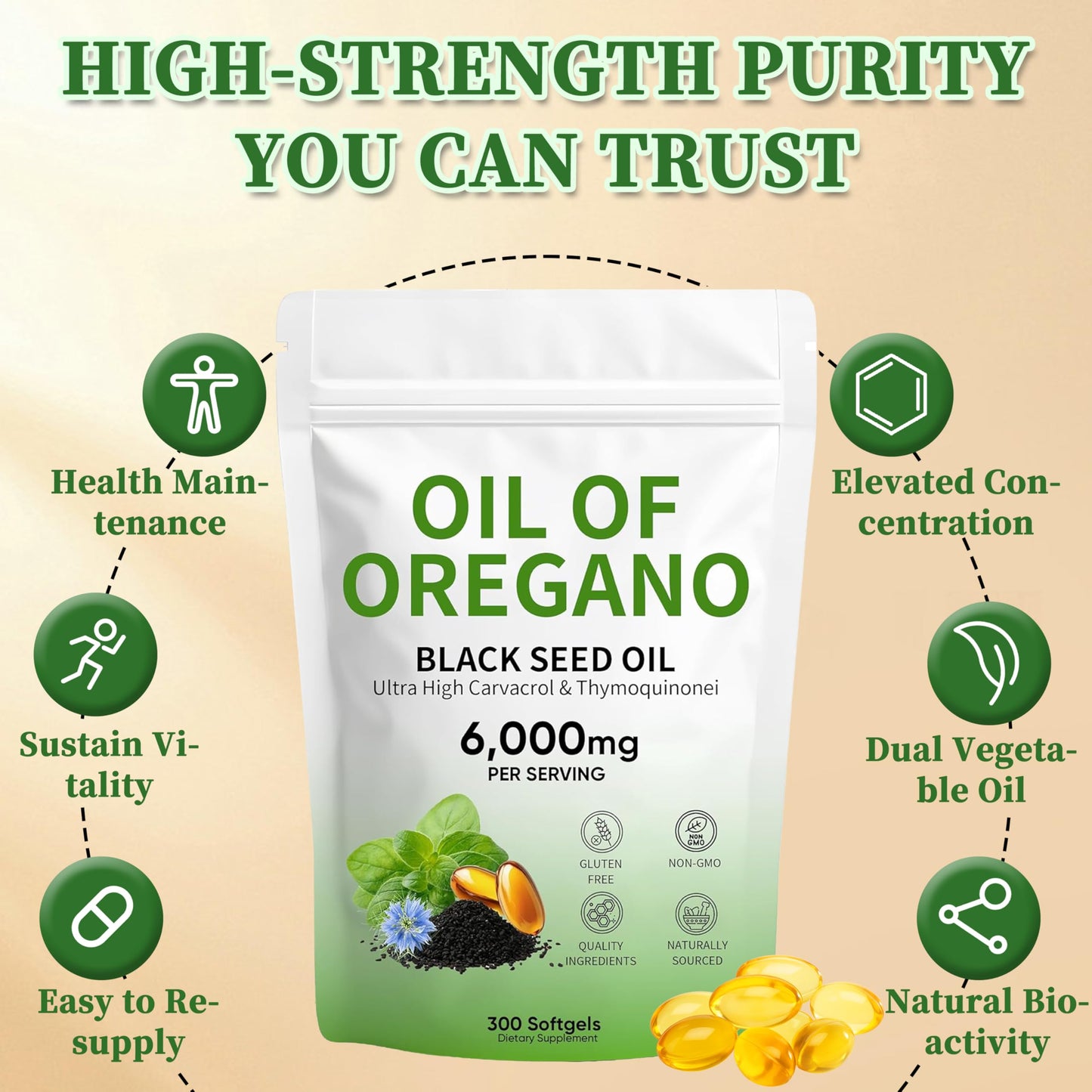 Plaxssuss Oil of Oregano with Black Seed Oil and Thymoquinone, 6000mg, Non-GMO, 300 Capsules