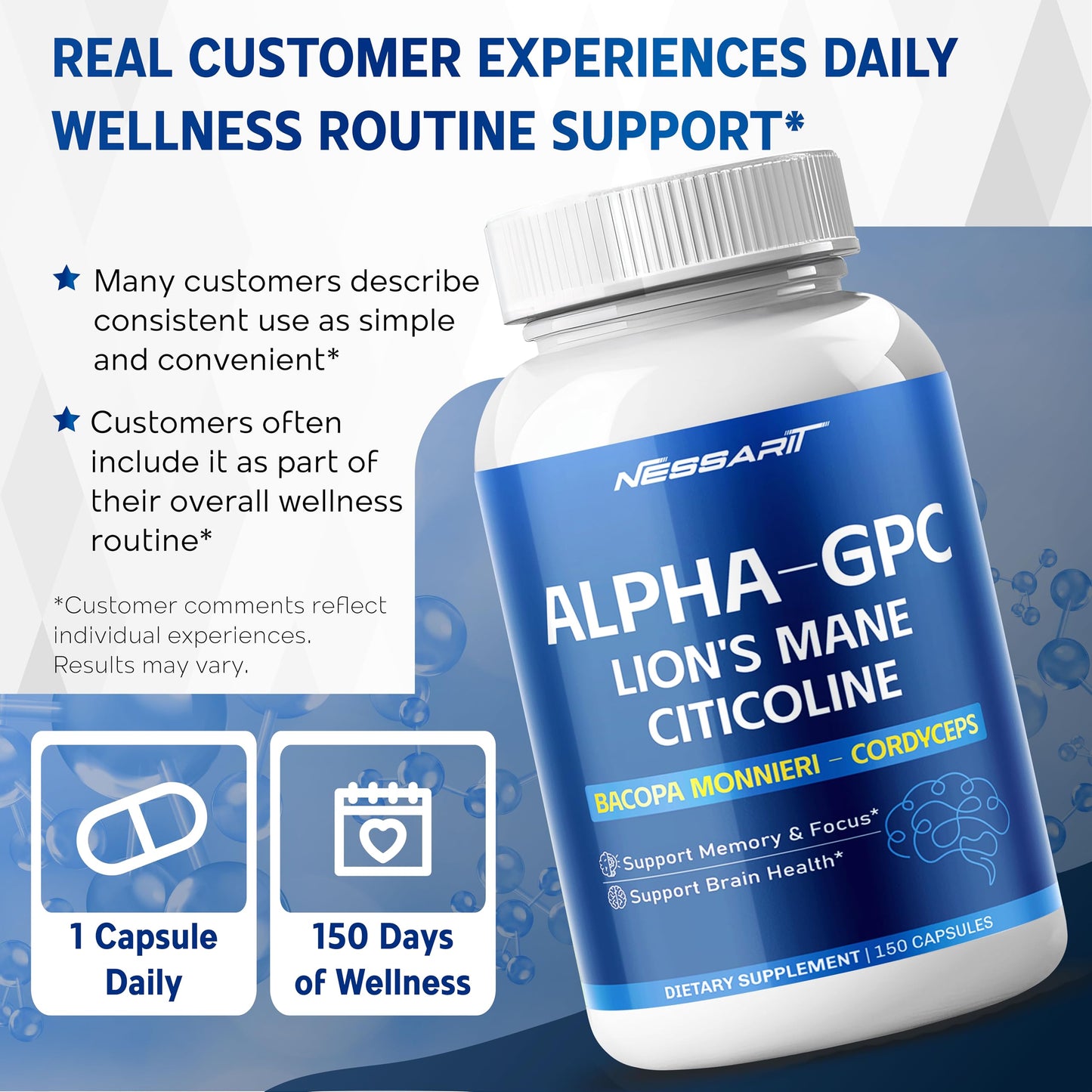 NESSARIT Liposomal Alpha-GPC, Lion’s Mane, Citicoline, Bacopa Monnieri & Cordyceps – Support Memory, Focus & Brain Health – 150 Capsules