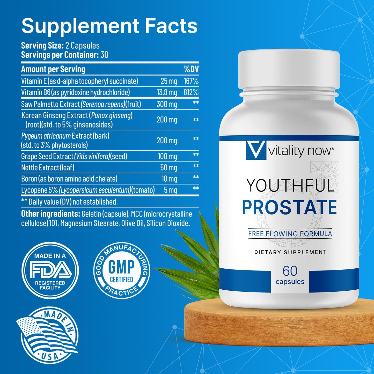 Vitality Now Youthful Prostate Saw Palmetto with Panax Ginseng for Men, Antioxidant Protection, Vitamin E, Lycopene, Capsule, 60 Count