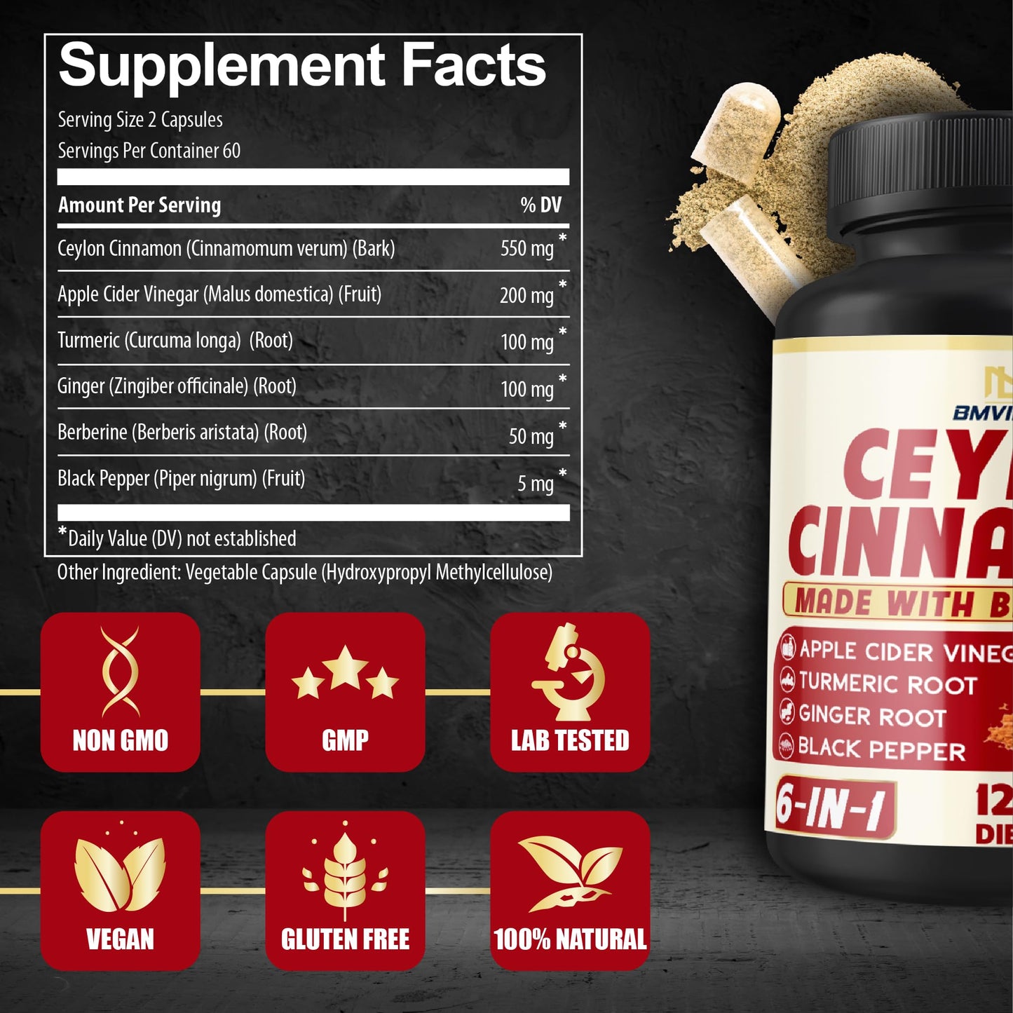 BMVINVOL Ceylon Cinnamon Capsules with Berberine HCl, Apple Cider Vinegar, Turmeric, Ginseng, Black Pepper, 120 Count