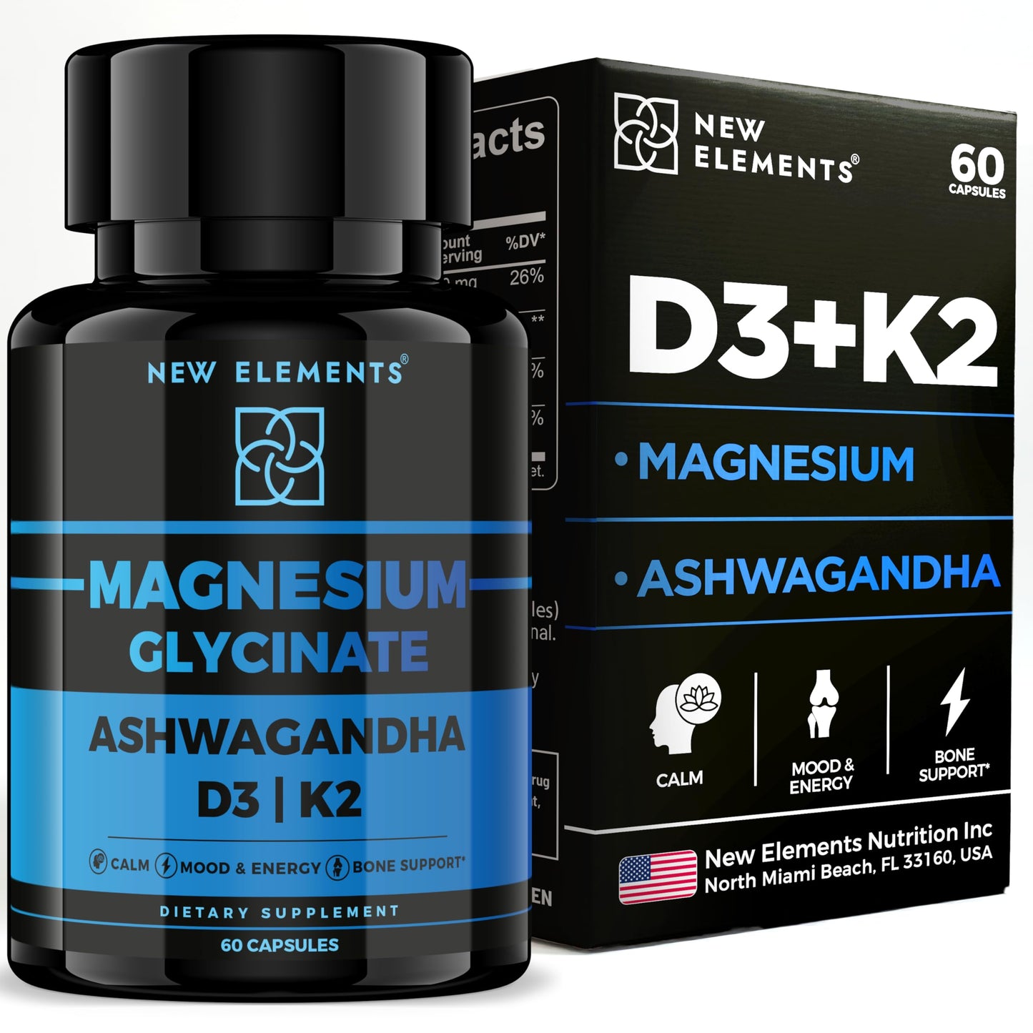 New Elements Magnesium Glycinate 1500mg with Ashwagandha 300mg + Vitamin D3 10,000 IU & K2 (MK-7) 200mcg, 60 Capsules