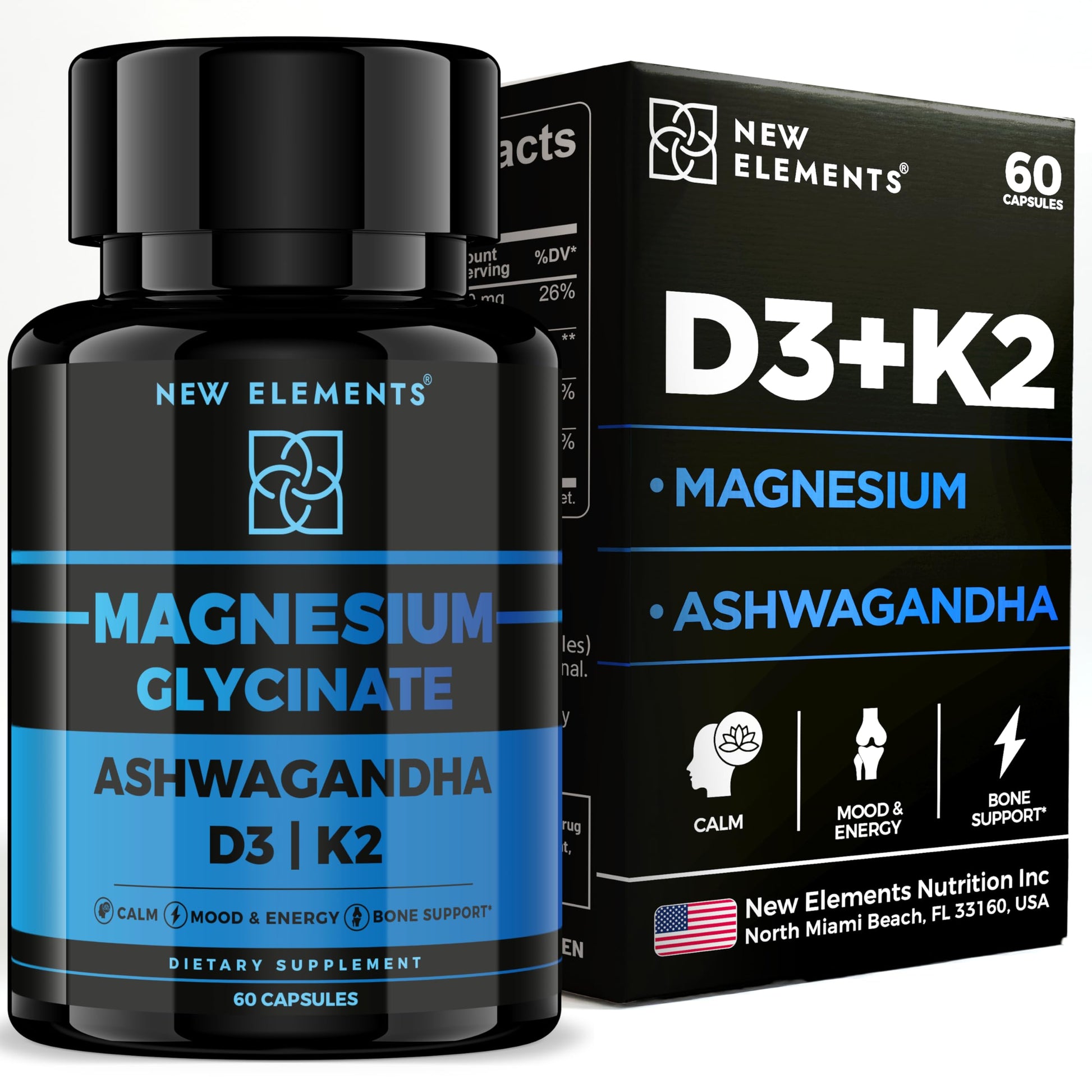 New Elements Magnesium Glycinate 1500mg with Ashwagandha 300mg + Vitamin D3 10,000 IU & K2 (MK-7) 200mcg, 60 Capsules