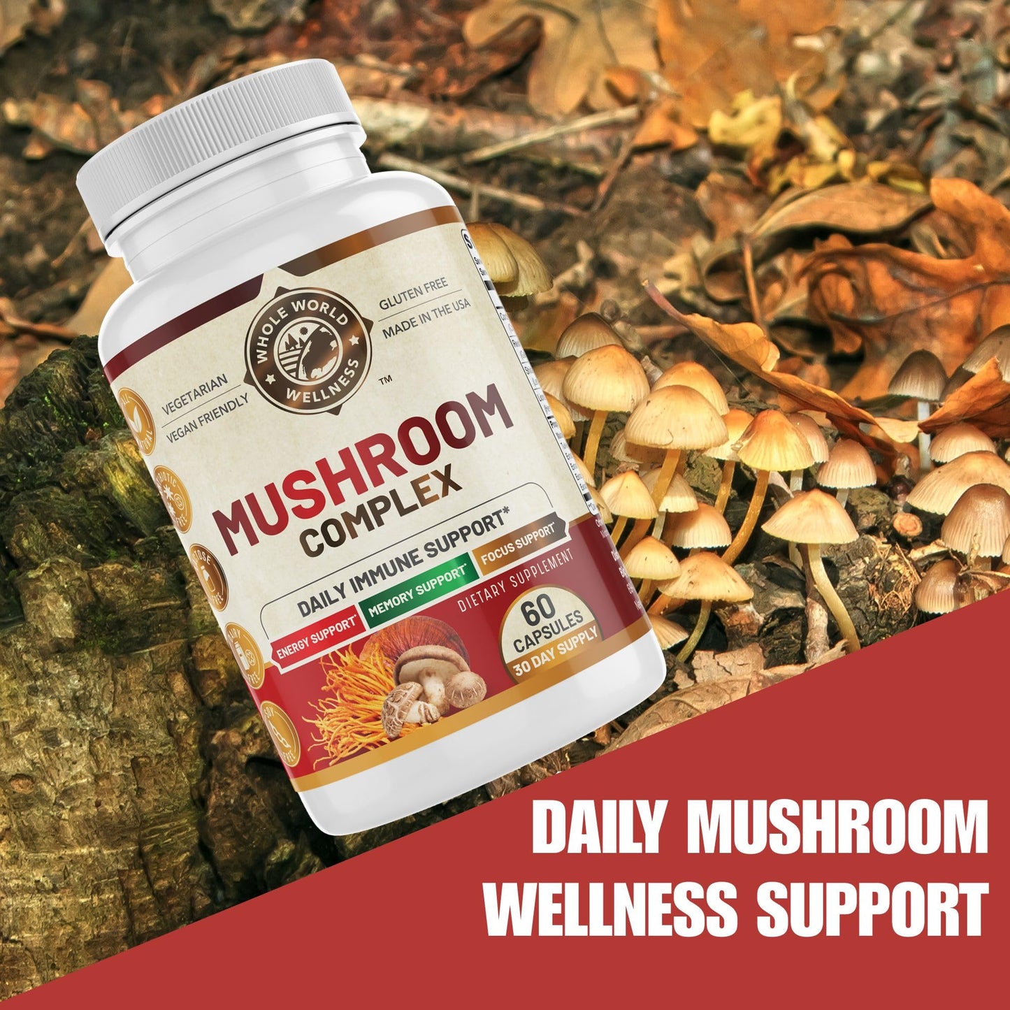 WHOLE WORLD WELLNESS All Natural Mushroom Complex 10 in 1 Capsule 60 Count