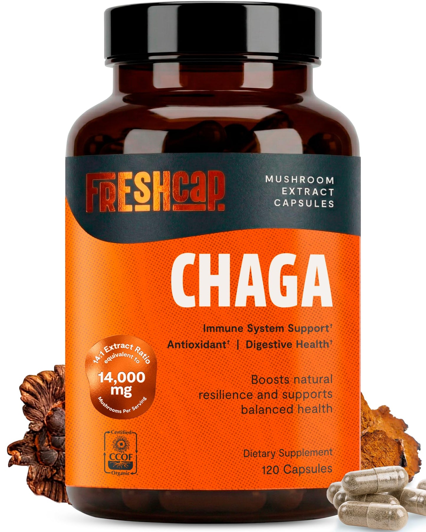 FreshCap Mushrooms Premium Organic Chaga Supplement Capsules 120