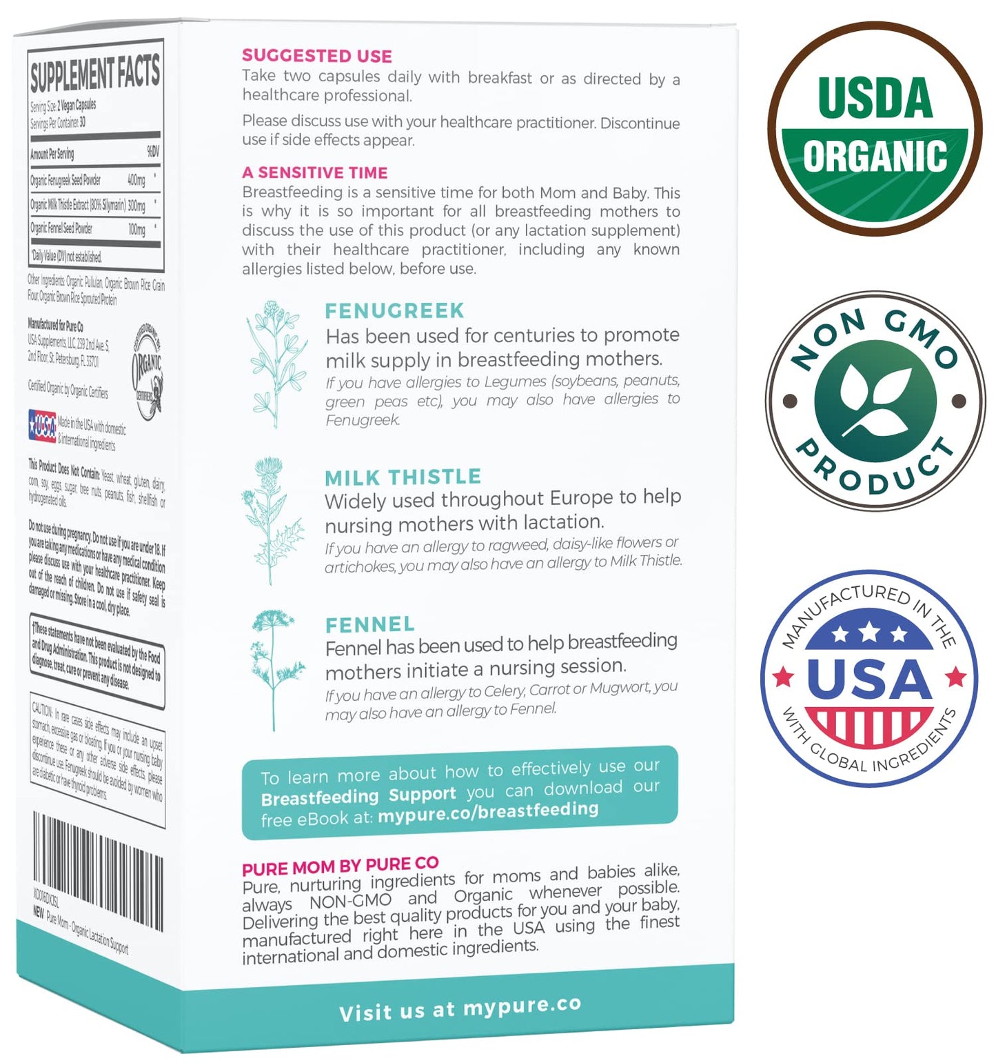 PURE CO USDA Organic Lactation Supplement, 60 Capsules