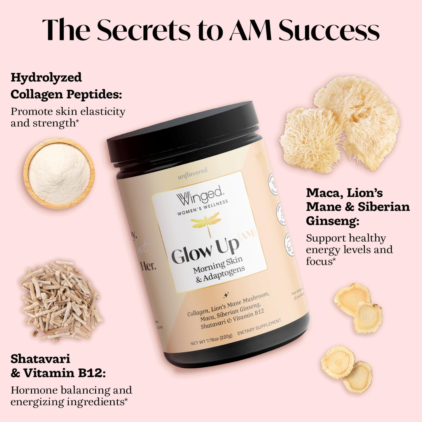 Winged Wellness Glow Up AM Collagen Powder for Women, 9.7 oz