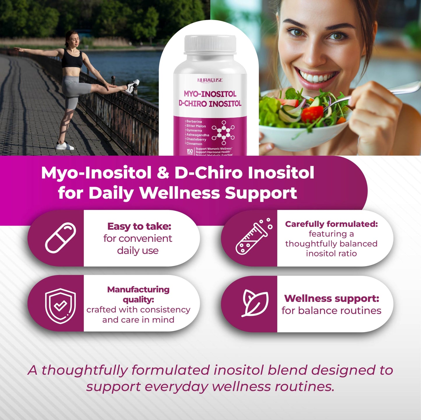 NURAFUSE High Potency Myo-Inositol & D-Chiro Inositol with Chasteberry, Cinnamon, Bitter Melon & Gymnema – Supports Optimal Hormone Balance, Healthy Metabolism Capsules 150