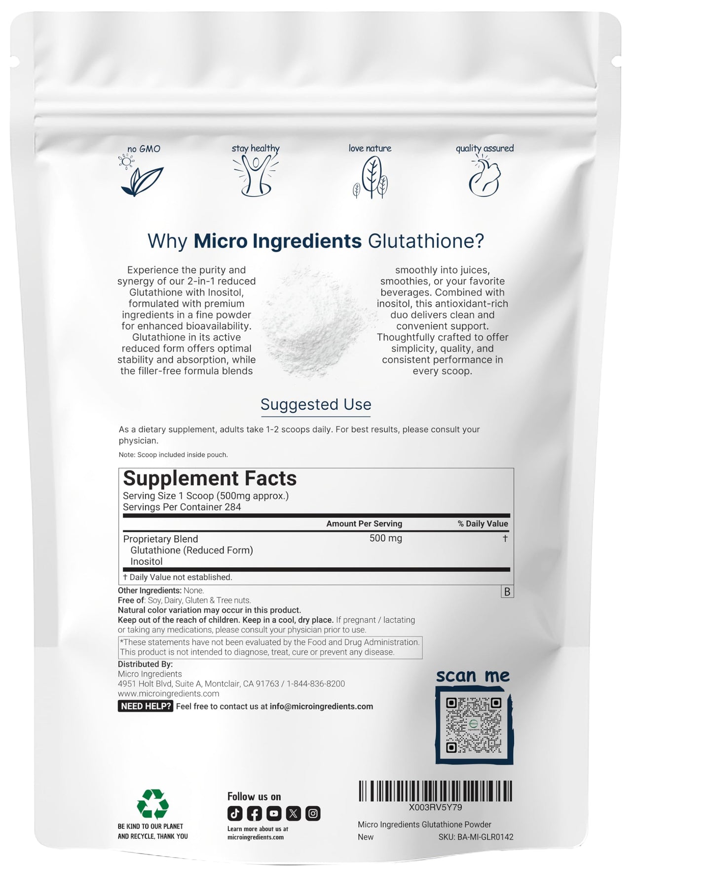 Micro Ingredients Glutathione Reduced Powder with Inositol Powder, 5