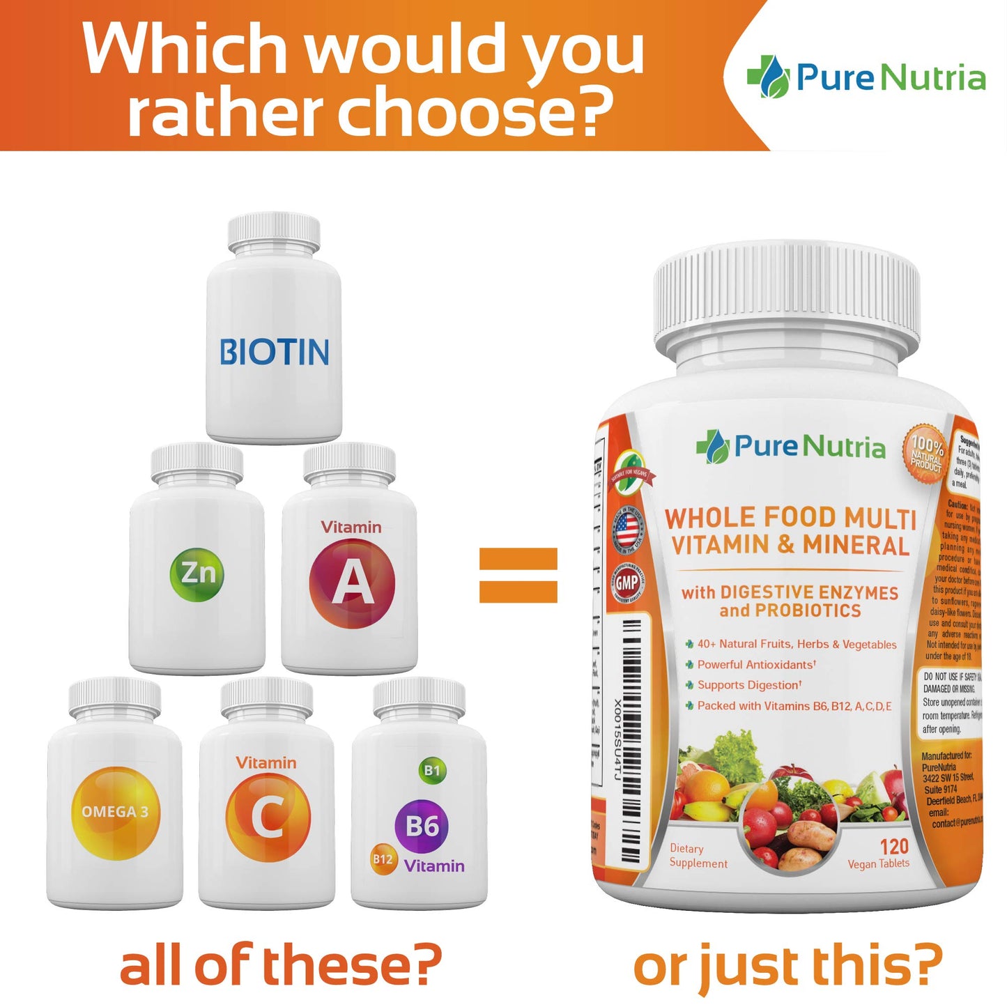 PureNutria Whole Food Multivitamin and Minerals with Probiotic Enzymes 120 Caplets