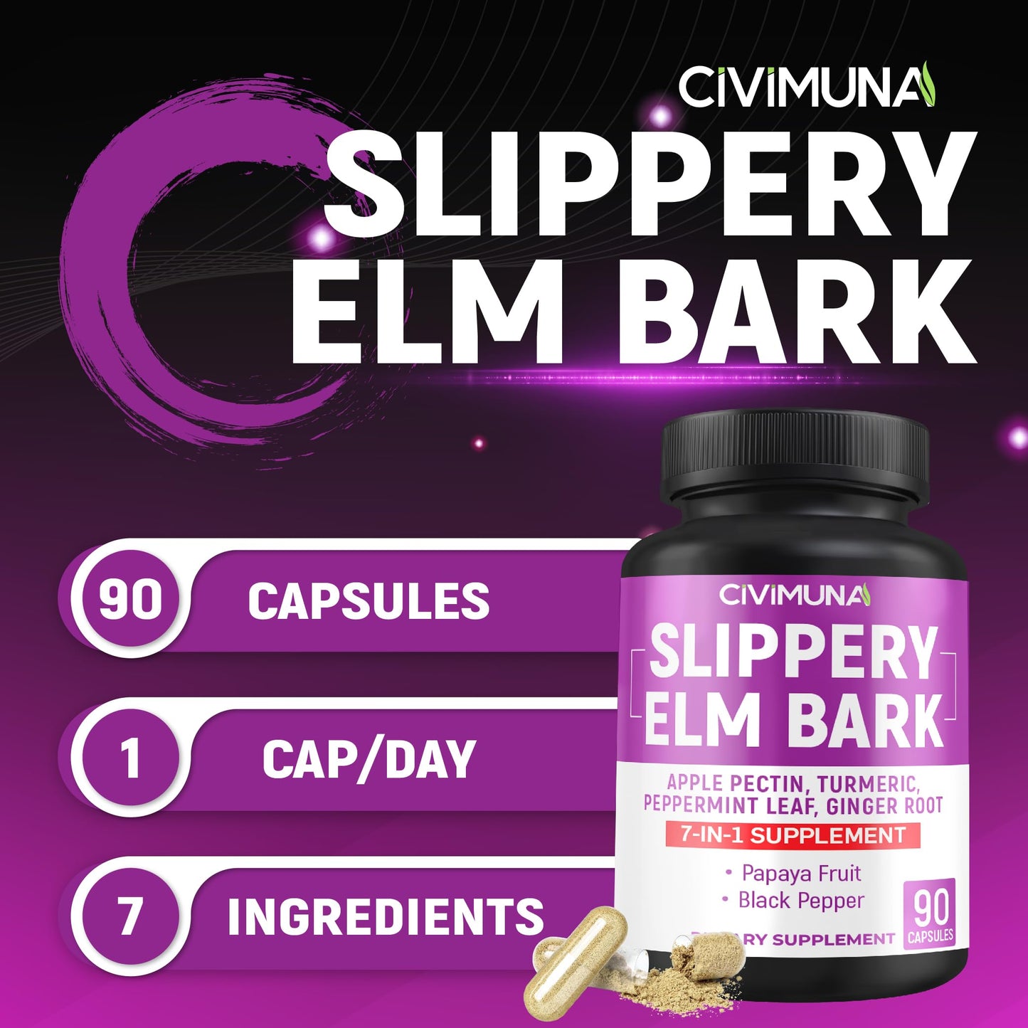 CIVIMUNA Slippery Elm Capsules with Slippery Elm, Papaya Fruit, Apple Pectin, 90 Capsules