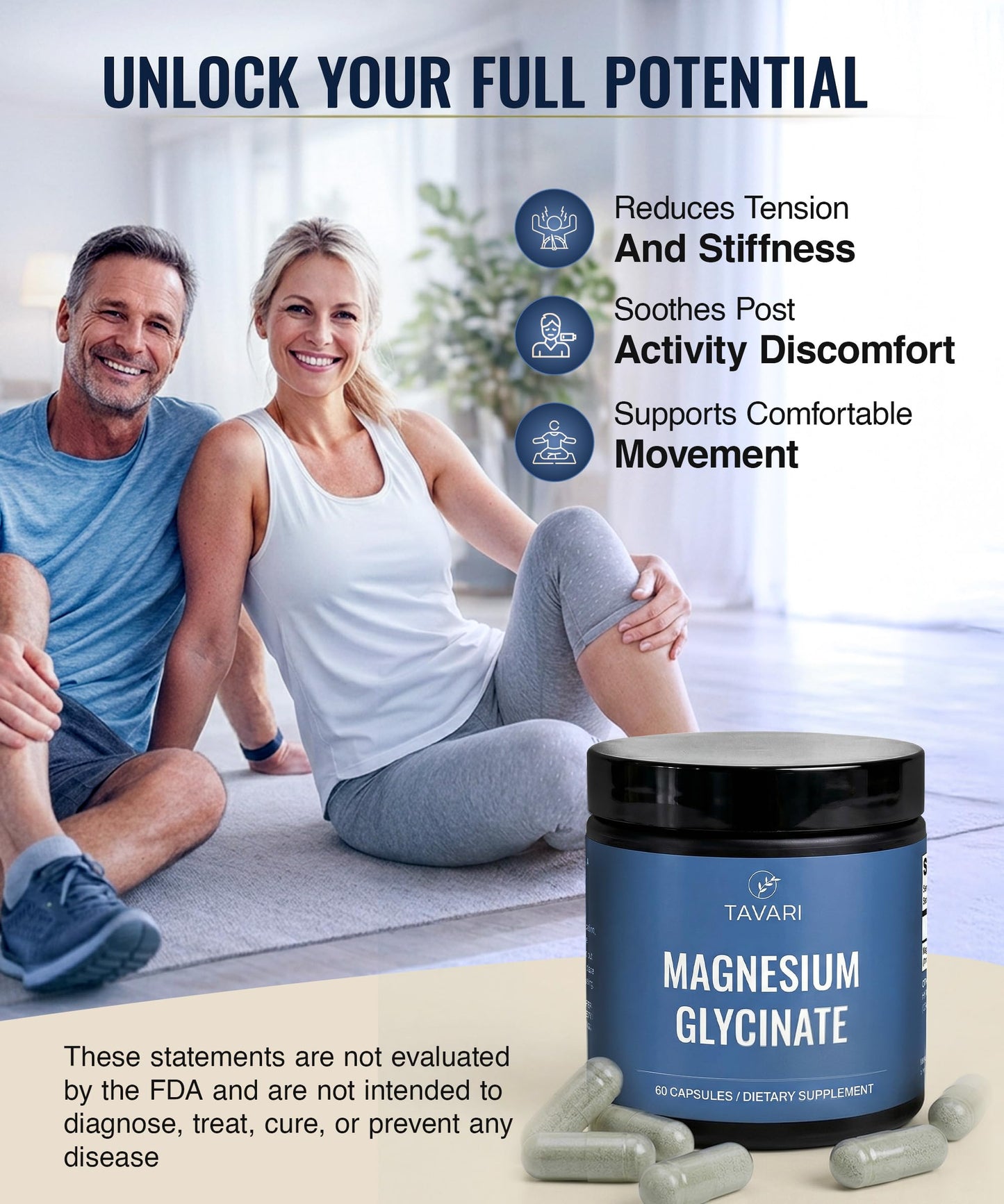 TAVARI Magnesium Glycinate for Muscle Relaxation, Mood Support and Clarity Capsules, 60 Capsules