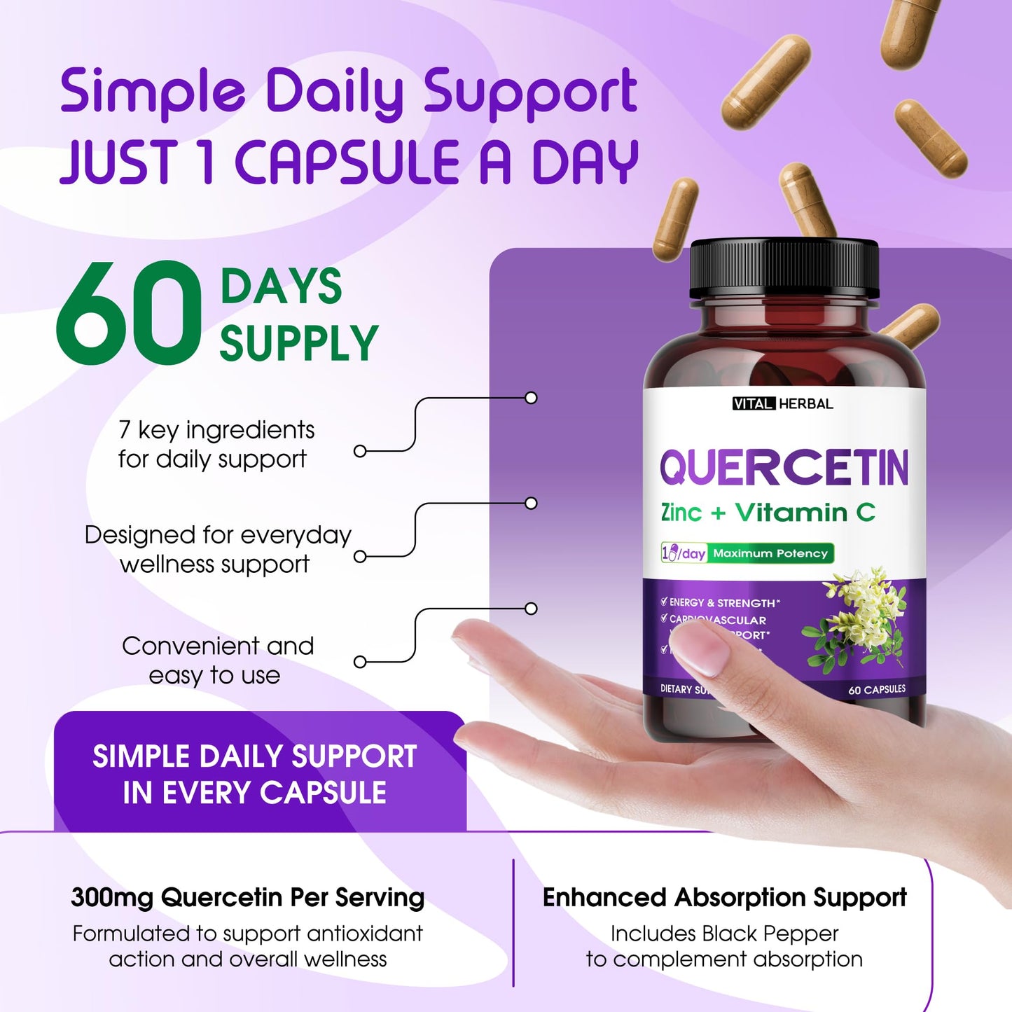 Vital Herbal Quercetin 700mg with Zinc, Vitamin C & Bromelain Immune & Antioxidant Support Capsules, 60 Count