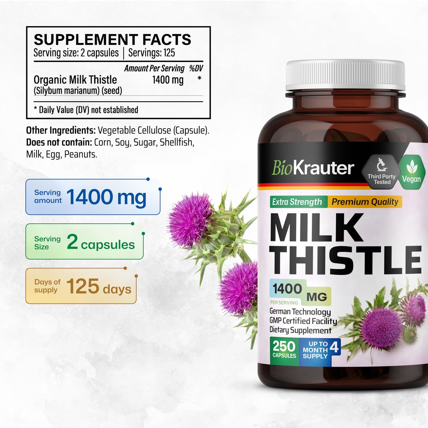 BIO KRAUTER Milk Thistle Supplement for Liver Cleanse & Detox Capsule 250 Capsules