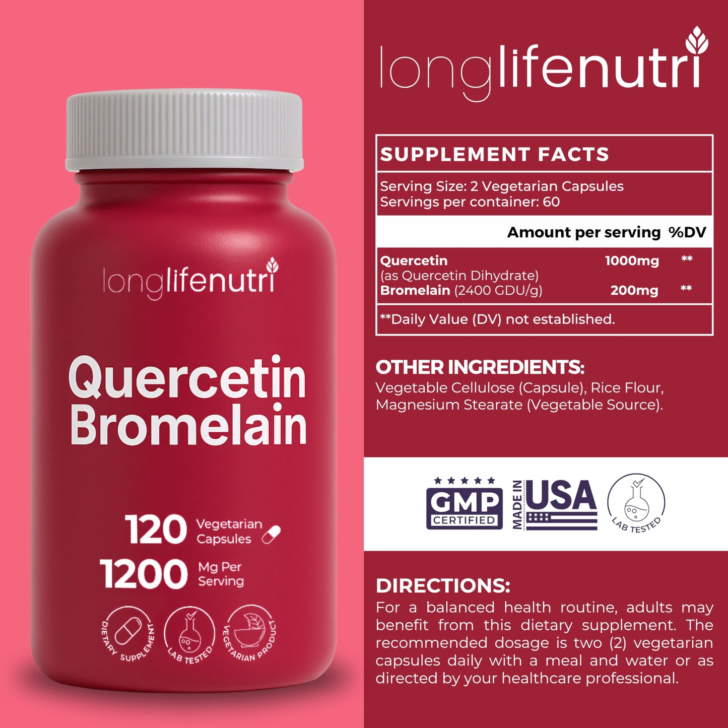 LongLifeNutri Quercetin 1000 mg with Bromelain 200 mg & Centrophenoxine 300 mg, Vegan Capsules, 240 Count