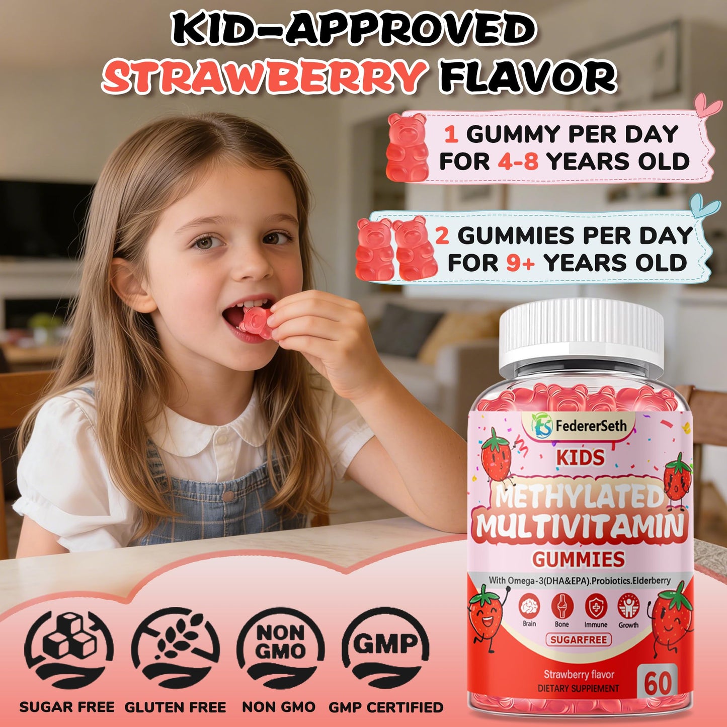 FedererSeth Methylated Multivitamin Gummies for Kids & Teens with Omega-3, Methylfolate & B12, Calcium, Probiotics, Elderberry - 60 Gummies