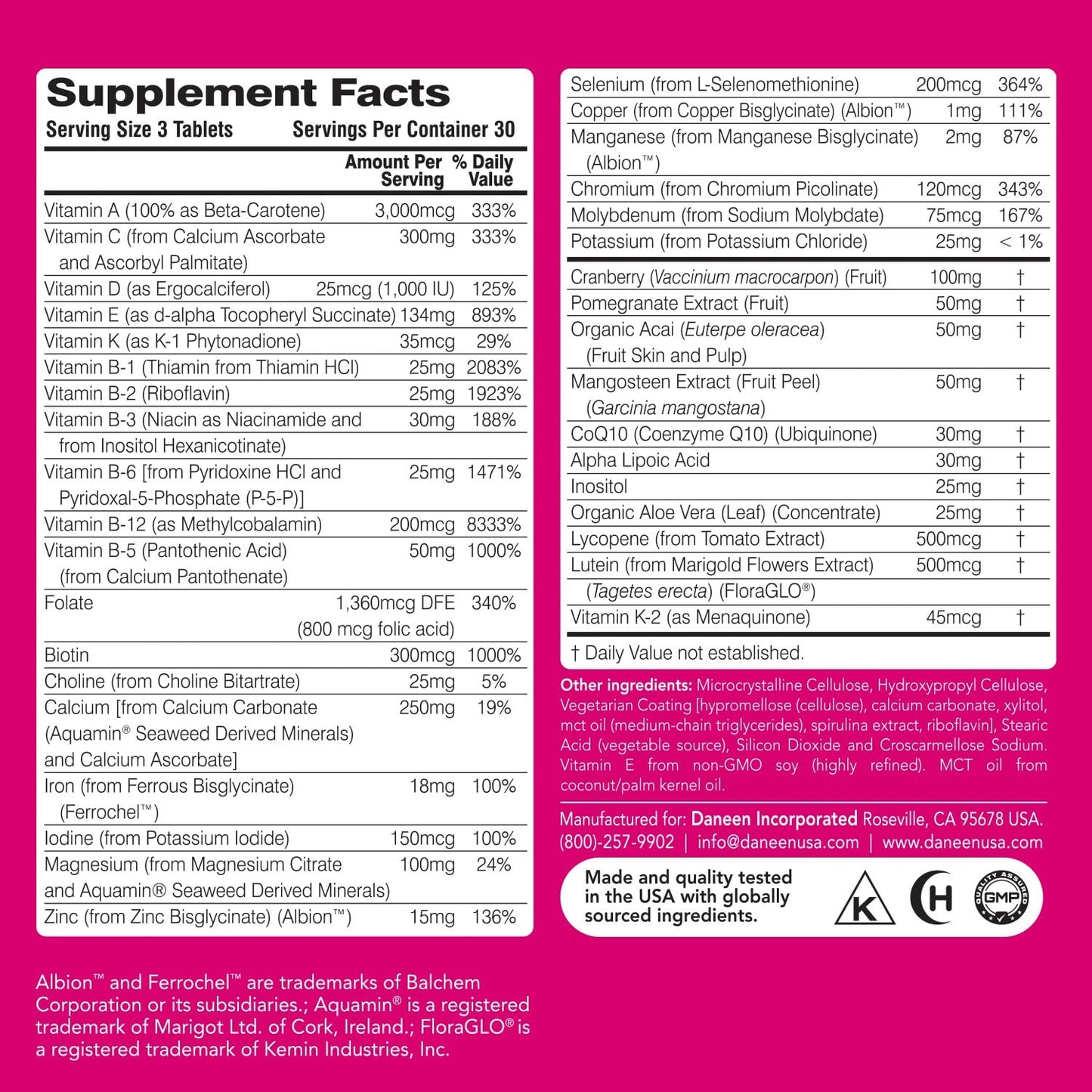 DANEEN Multivitamin for Women with Iron, Biotin, Zinc, B Complex, CoQ10, Cranberry & 36 Essential Vitamins 90 Tablets