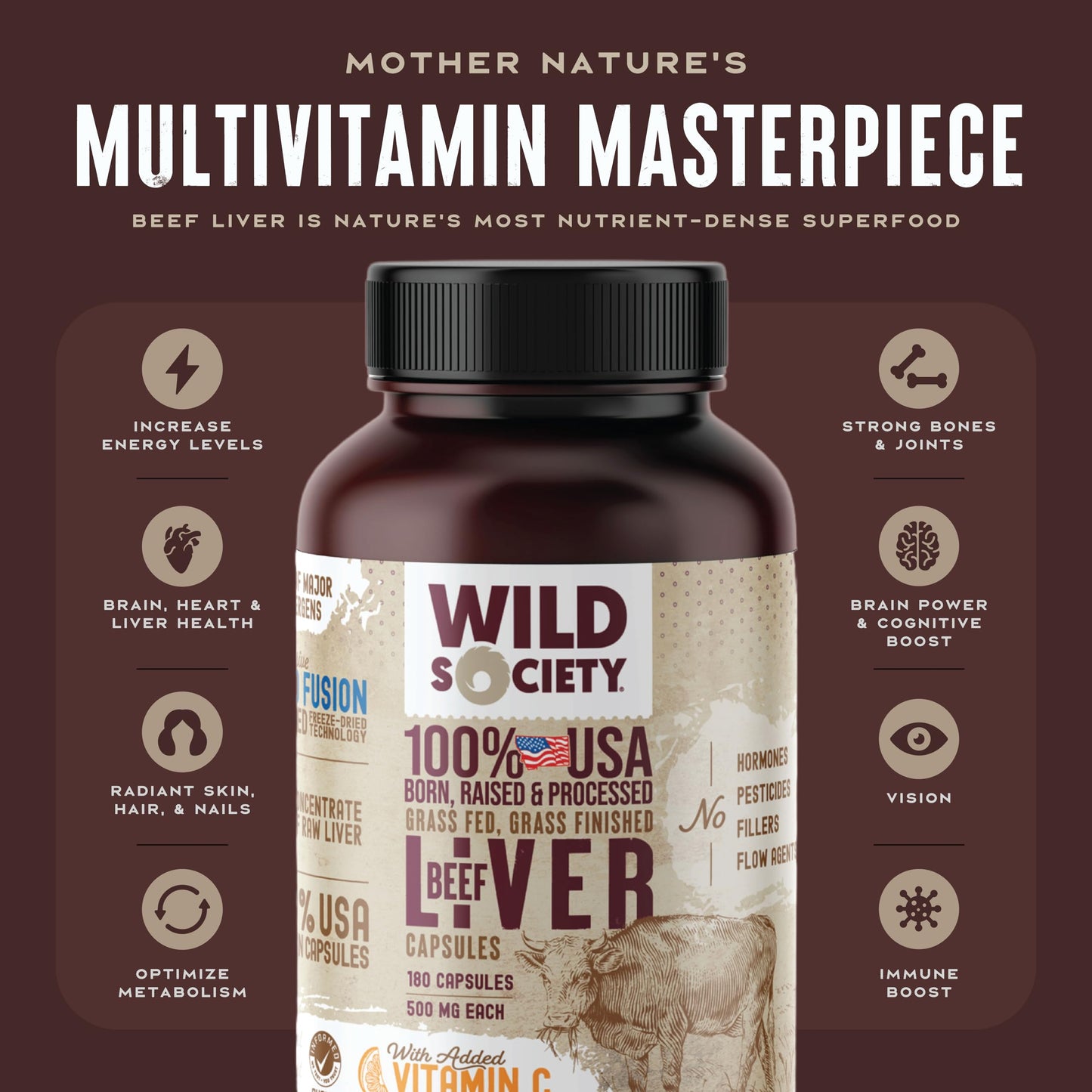 WILD SOCIETY USA Grass Fed Beef Liver Capsules, 180 Count