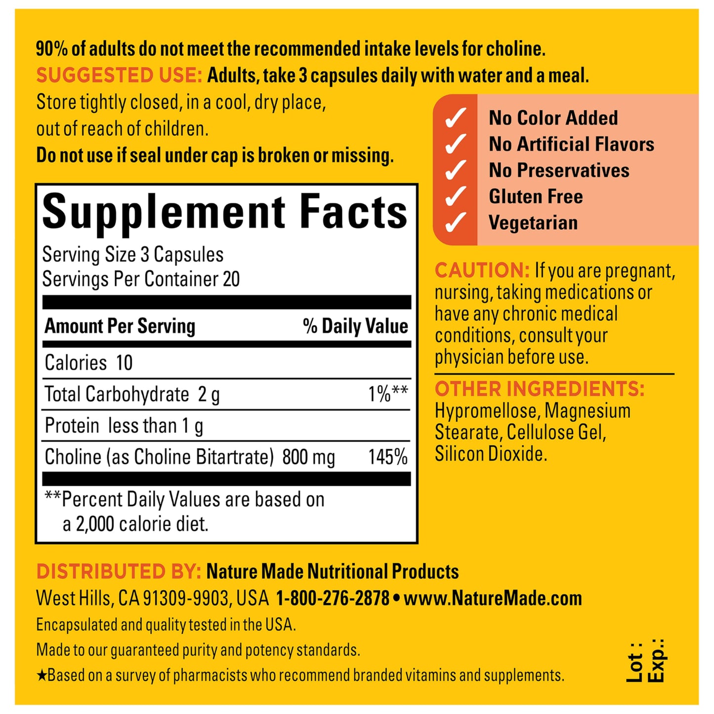 Nature Made Extra Strength Choline Supplements 800 mg per 3 Capsules, Brain Health, Mood, Muscle & Liver Support, Vegetarian, 60 Capsules