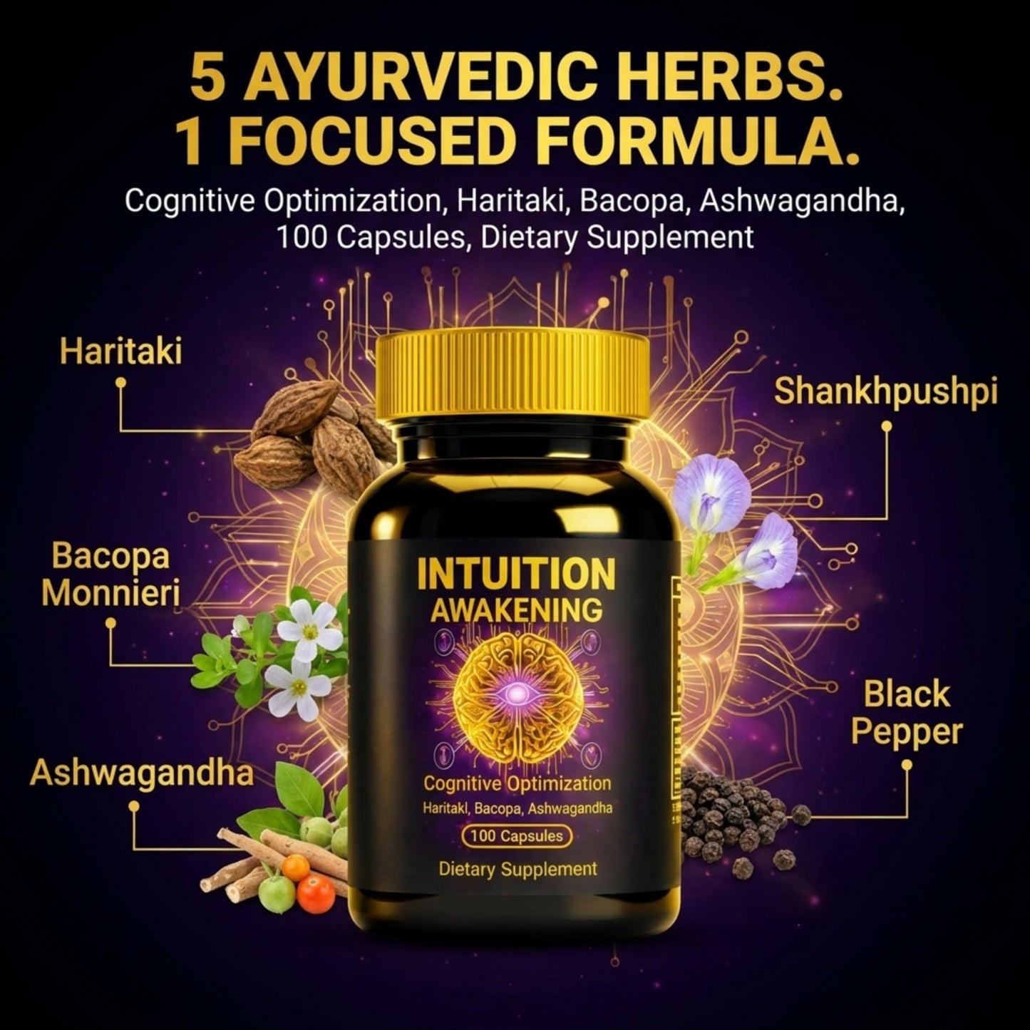 Kailash Herbals Mental Clarity & Calm Focus Ayurvedic Nootropic with Shankhpushpi, Bacopa, Haritaki & Ashwagandha Capsule, 100 Count