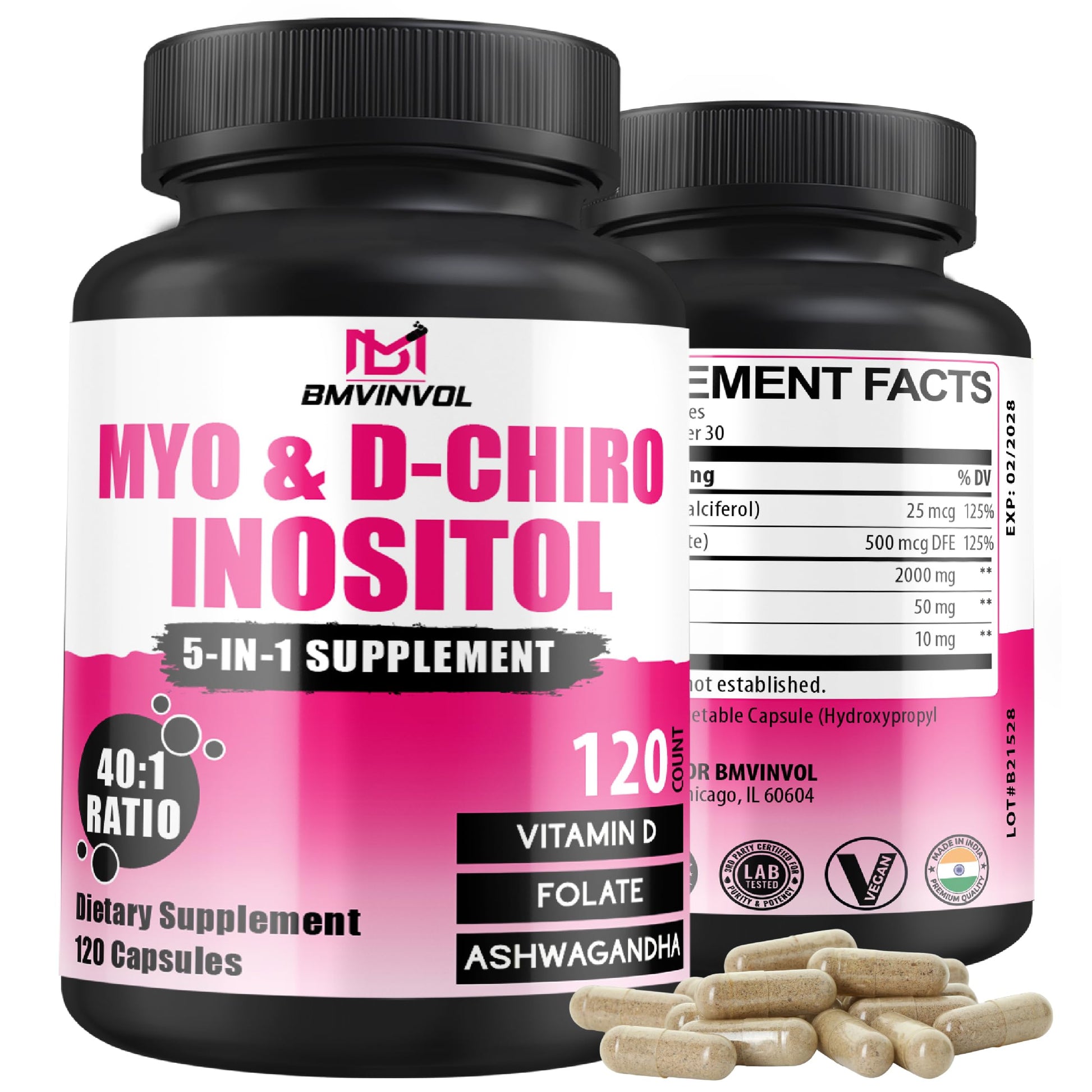BMVINVOL Myo-Inositol & D-Chiro Inositol Capsules, 2,050mg, with Folate, Vitamin D, Hormone Balance & Ovarian Support for Women, 40:1 Ratio, 120 Capsules