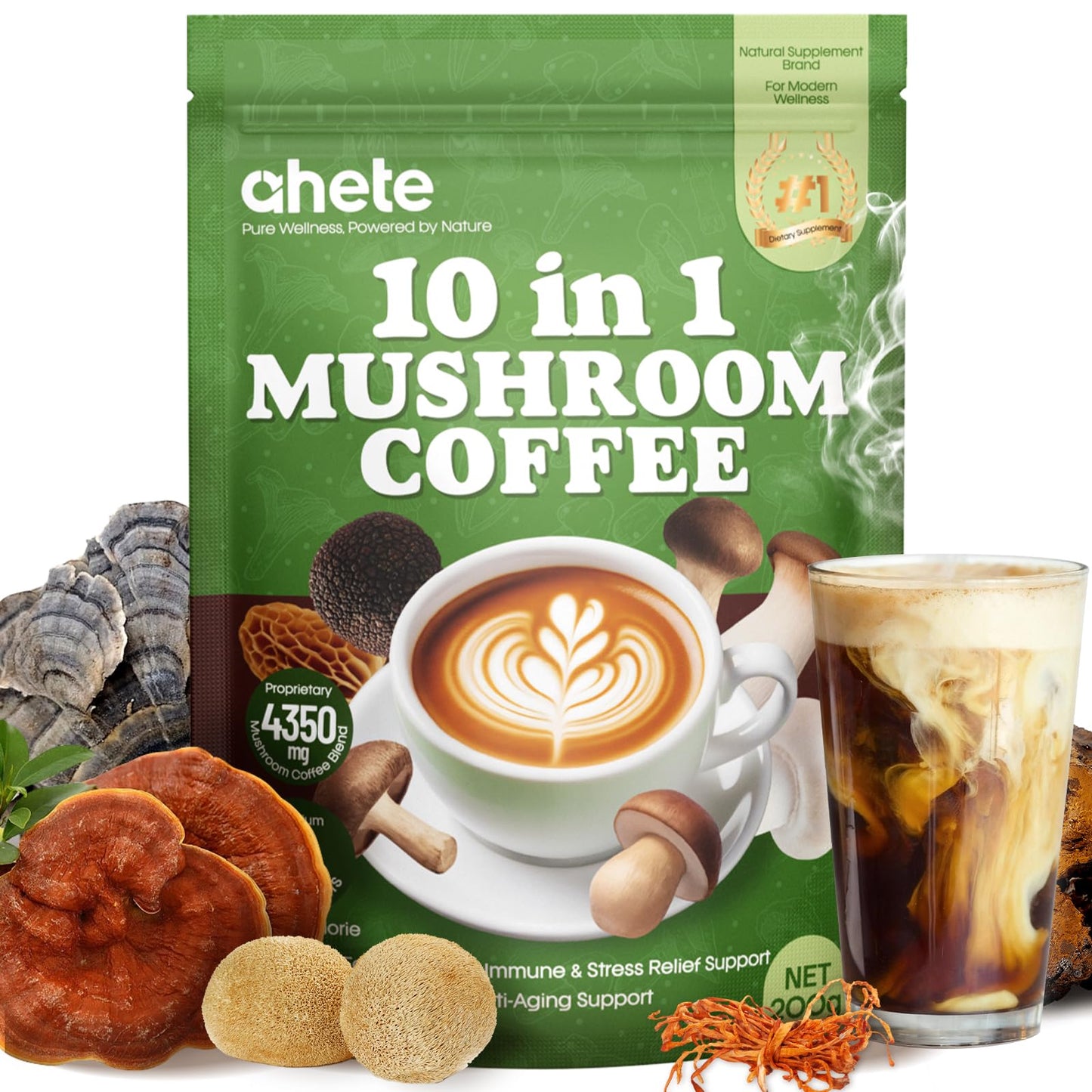 Ahete 10-in-1 Mushroom Coffee with Organic Arabica, Lion’s Mane, Chaga, Reishi & Cordyceps Powder 7.05 oz