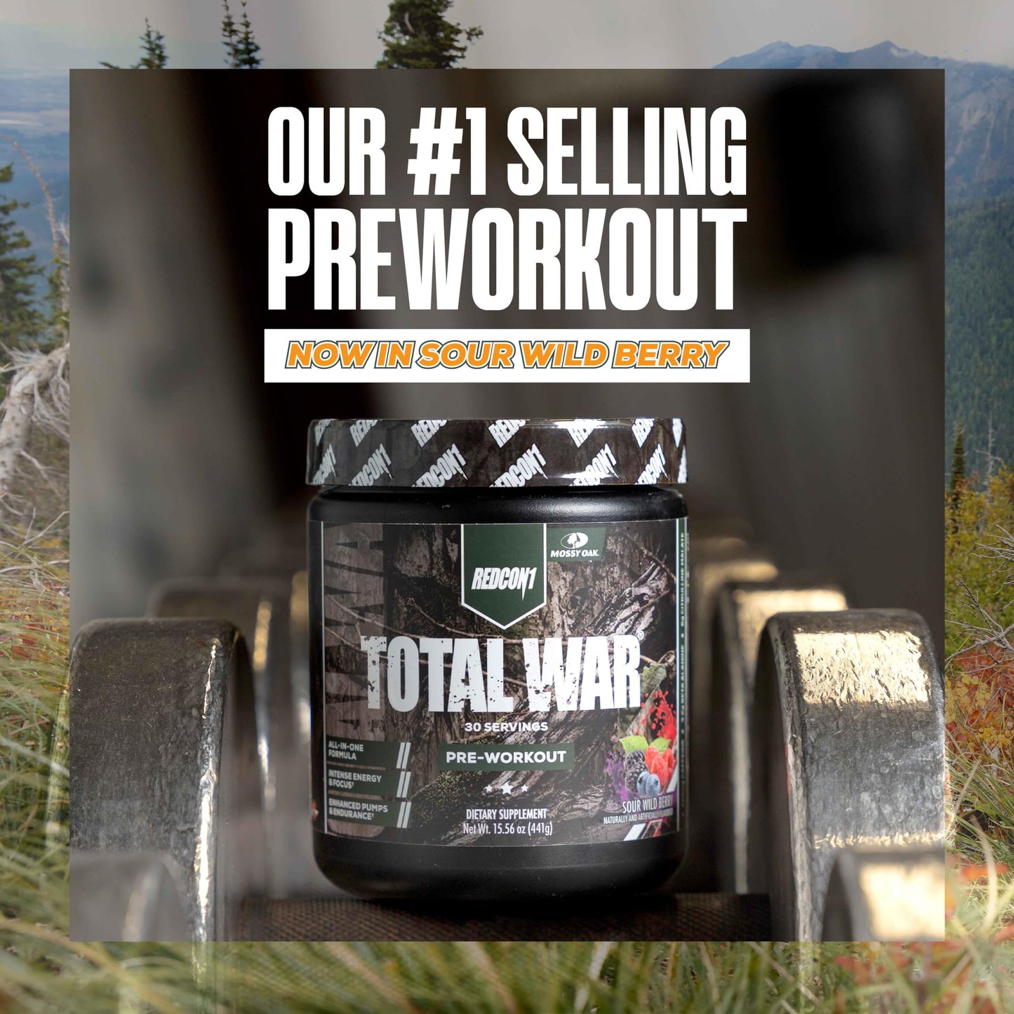 REDCON1 x Mossy Oak Total War Pre Workout Powder Sour Wild Berry, 15.7 Ounce