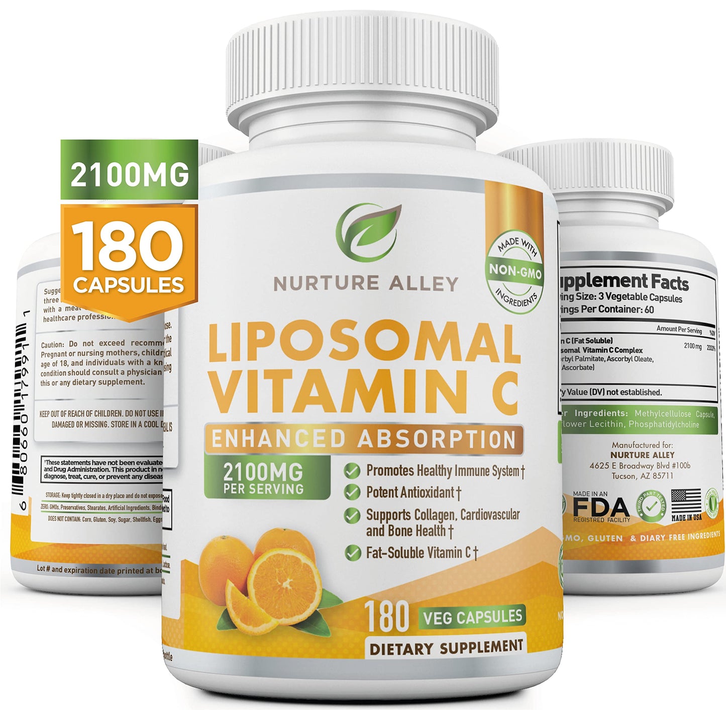NURTURE ALLEY Liposomal Vitamin C 2100mg, 180 Capsules